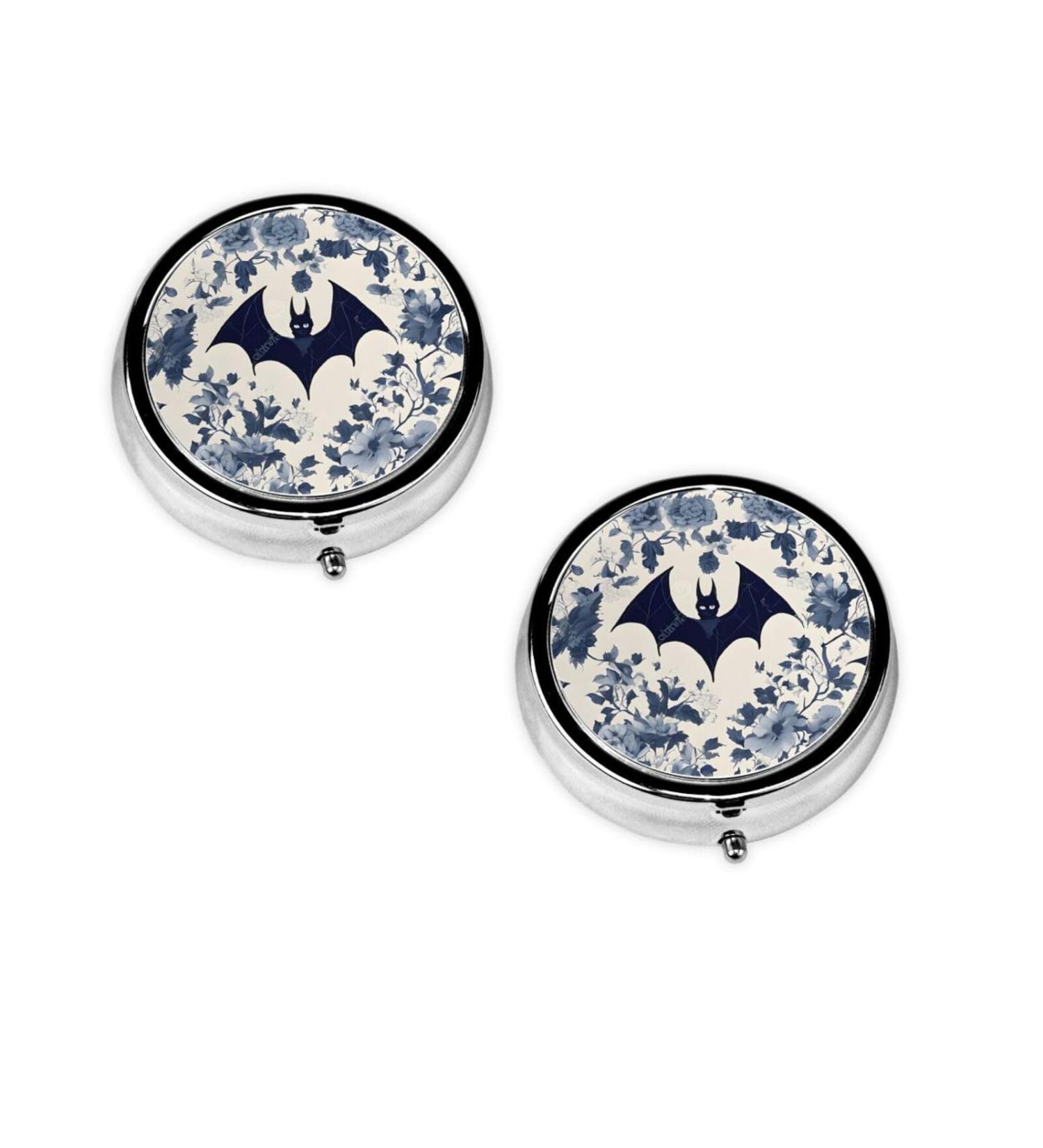 Bat Pattern Round Pill Box - 3 Compartment Mini Decorative Travel Organizer for Pills & Vitamins - Buy Online on GoSupps.com