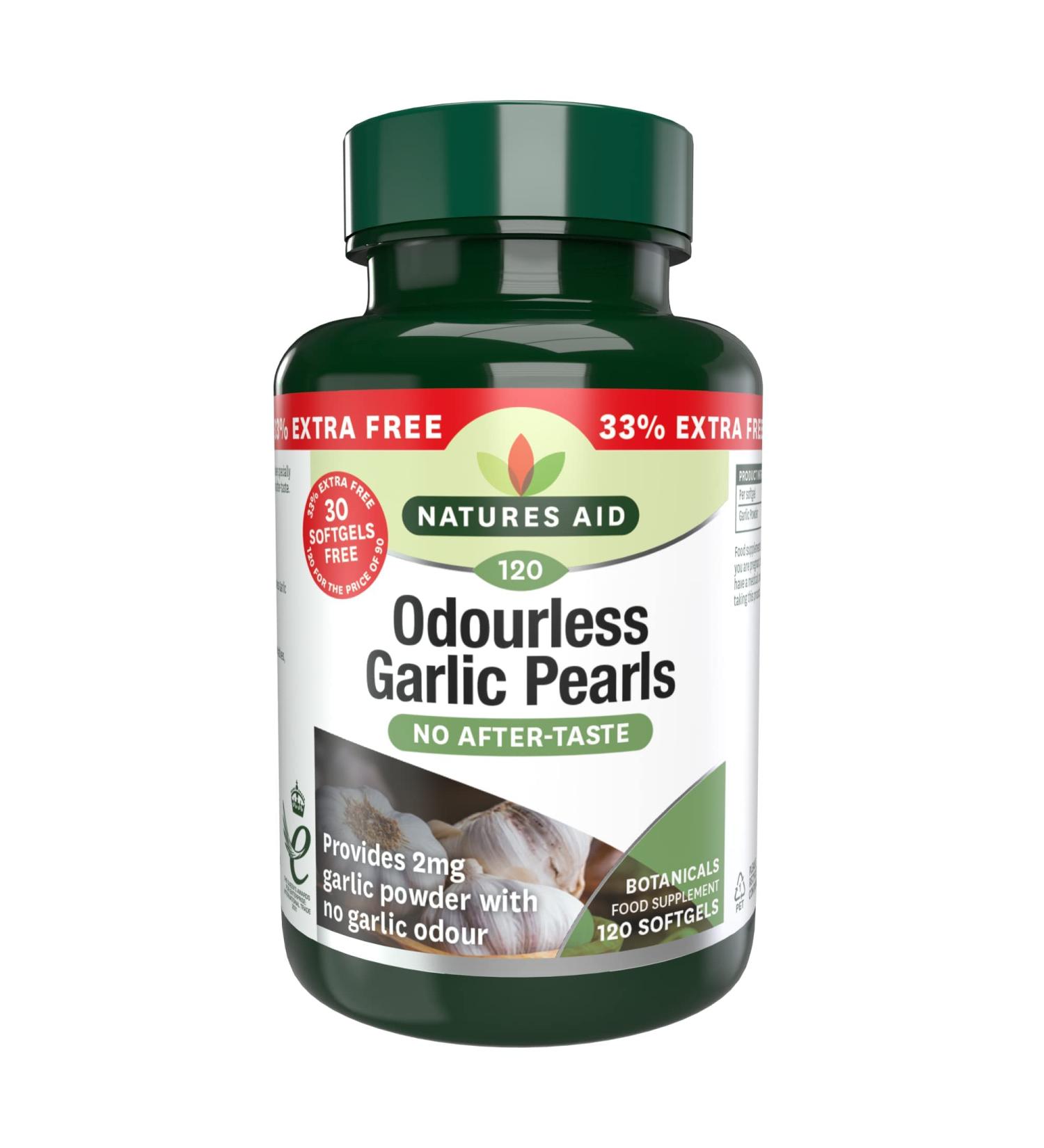 Natures Aid Odourless Garlic Pearls 120 Capsules - Heart & Circulation Support - Made in the UK - Buy Online on GoSupps.com