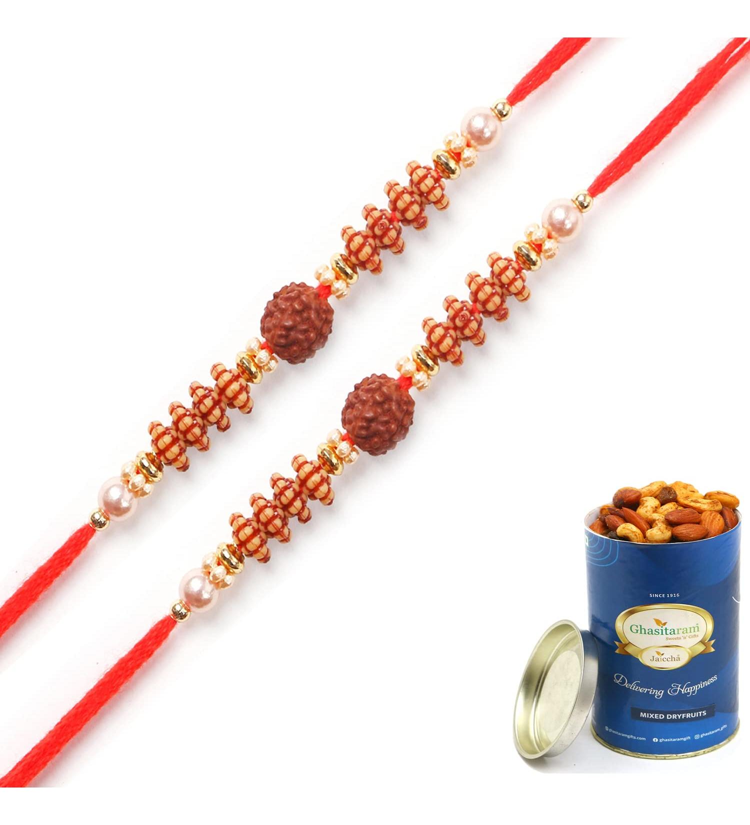 Ghasitaram Gifts Rakhi for Brother Rakhis Online Set of 2-6142- Rudraksh Rakhi with 100 GMS of Dryfruits Mix Can 2 Rakhi with 100 gms of Dryfruits Mix Can - Buy Online on GoSupps.com