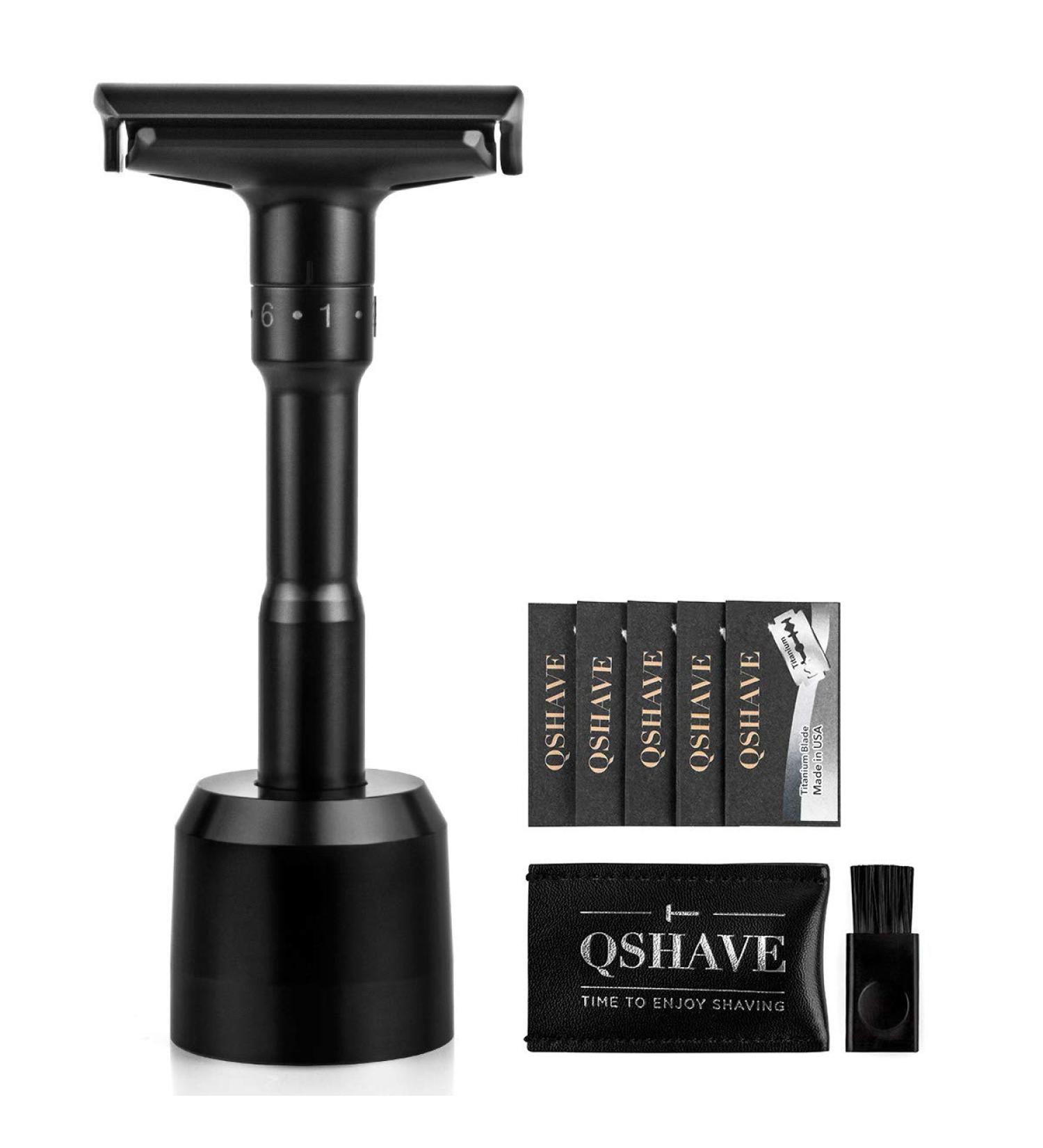 QSHAVE Adjustable Double Edge Safety Razor Deluxe Set with Stand - 8 Piece Set - Buy Online on GoSupps.com