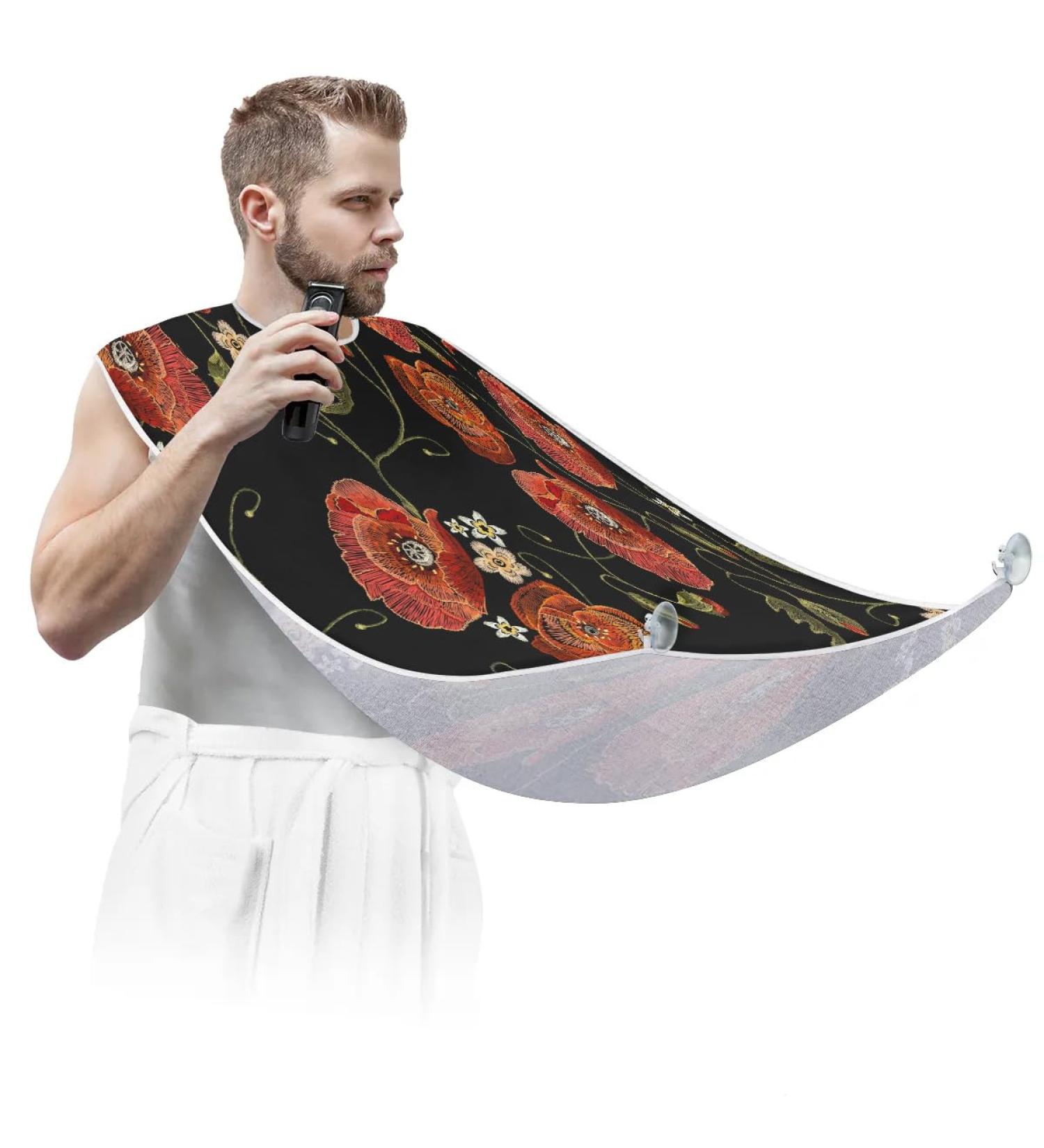 Beard Bib Apron - Non-Stick Waterproof Hair Catcher for Men | Grooming Cloth with Poppies Painting - Perfect for Shaving & Trimming - Buy Online on GoSupps.com