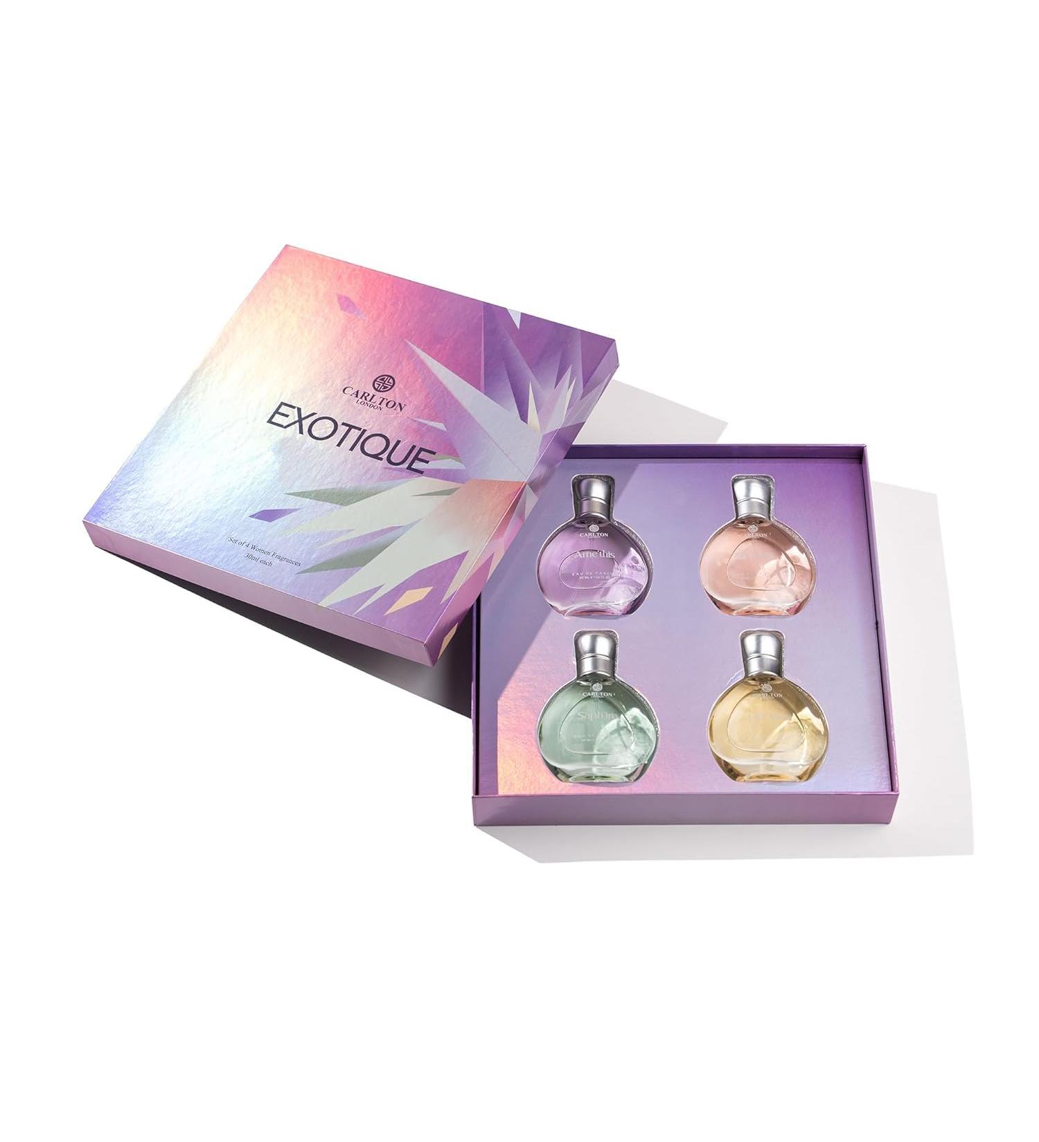 Carllton London Exo-tique Gift Set Of 4 Premium Perfume Liquid- 30Ml Each I Orange Cedar Honey And Rose Fragrance I Luxury Edp Perfume For Girls And Ladies | Flawless Gift Set For Women - Buy Online on GoSupps.com