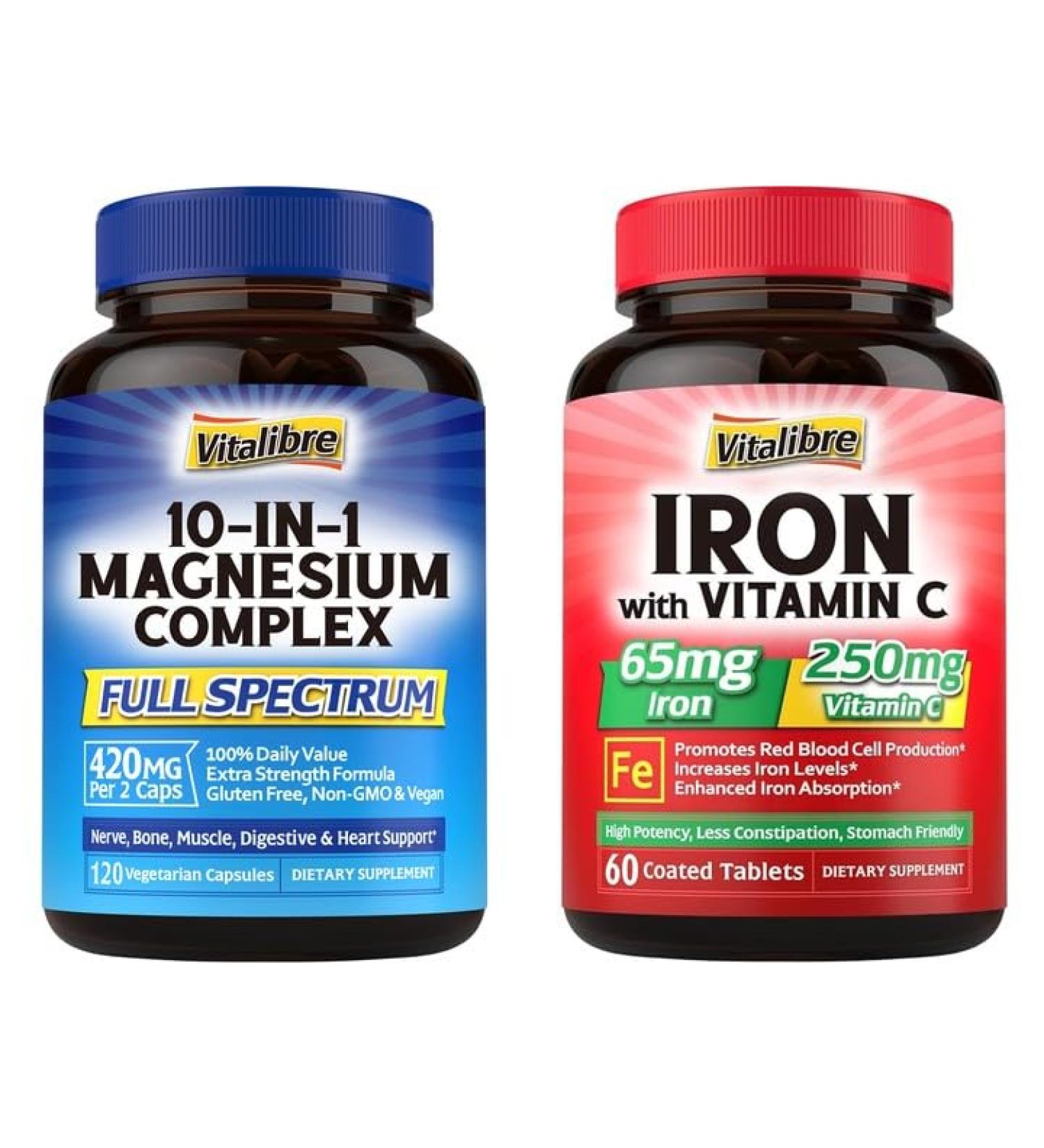 Vitalibre Iron Supplement with Vitamins C for Iron Deficiency & Magnesium Complex 10 in 1 for Magnesium Deficiency - Buy Online on GoSupps.com