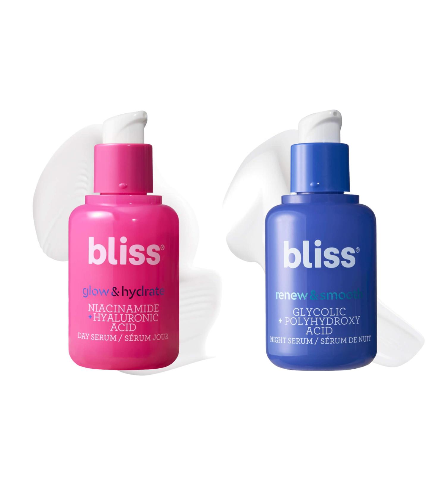 Bliss AM+PM Serum Duo: Glow & Hydrate with Vitamin C + Renew & Smooth with Glycolic Acid for 24-Hour Radiant Hydrated Skin - Daily Skincare Routine Set - Buy Online on GoSupps.com
