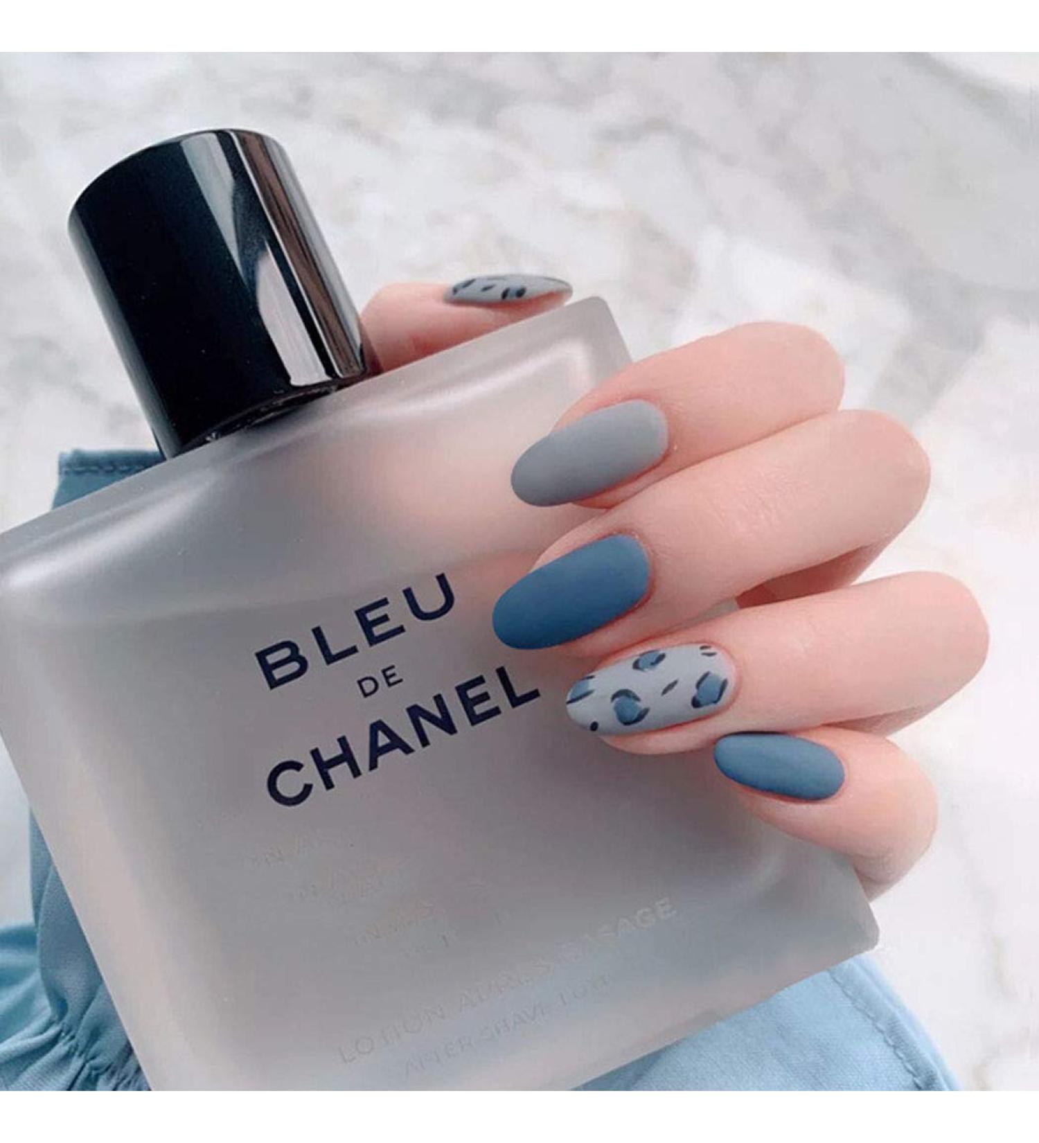 24 Pieces Matte Press On Nails - Blue Short Oval Full Cover Fake Nails with Leopard Print for Wedding Celebrations | Acrylic Nail Tips for Women & Girls - Buy Online on GoSupps.com