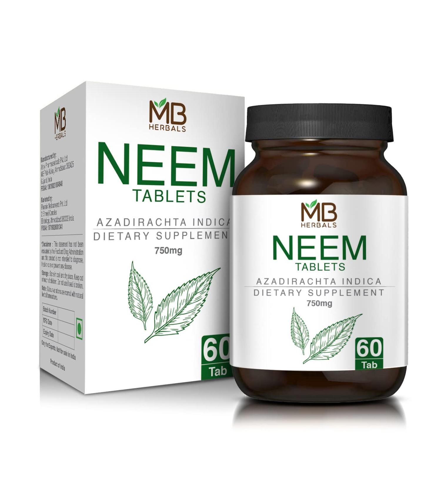 MB Herbals Neem Tablets 750mg - 60 Tablets for Detox & Acne Free Clear Skin - Buy Online on GoSupps.com