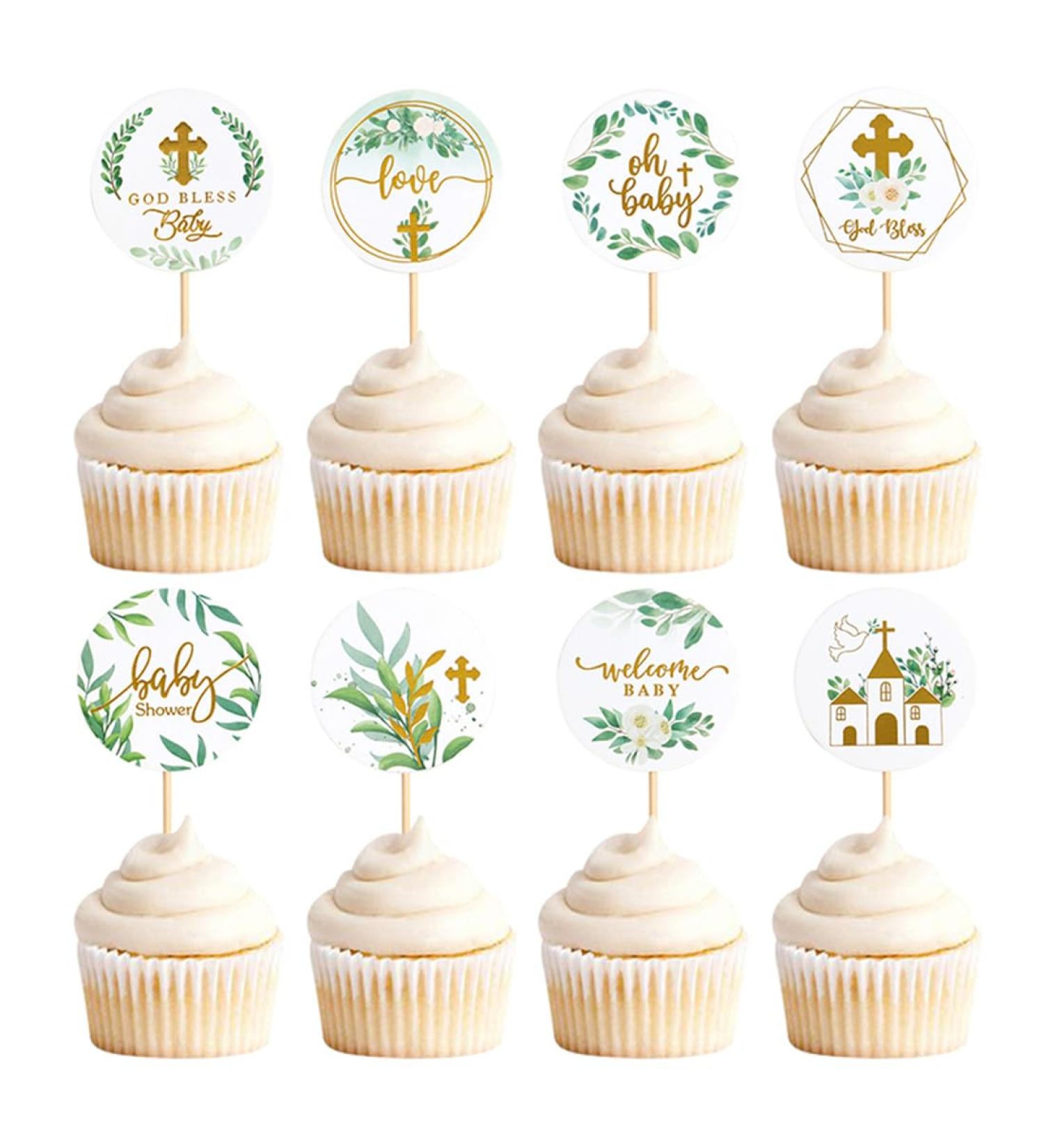 Daimay 32PCS Baby Shower Cupcake Toppers Greenery Baptism Cupcake Picks Floral Leaves God Bless Cross Cupcake Picks Gender Reveal Cake Topper Woodland Jungle Safari Theme Cupcakes Decor - Buy Online on GoSupps.com