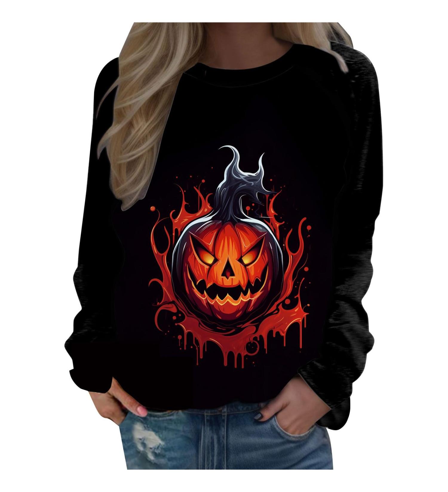 Halloween Costumes Printed Fashionable Casual Long Sleeved Zipper Round Neck Hoodies Sweater Tops Ladies Sweat Orange Large - Buy Online on GoSupps.com