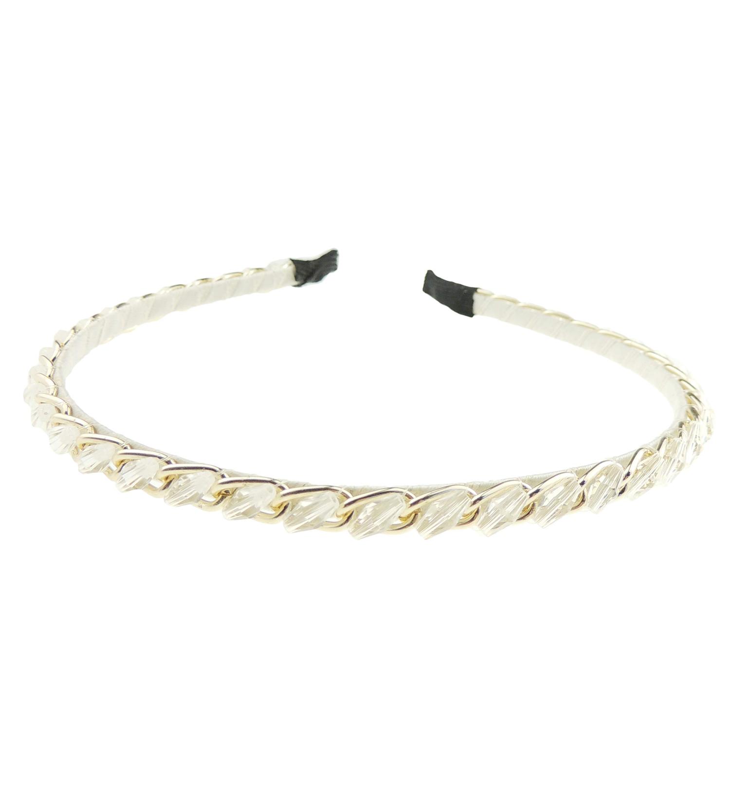 Ladies Crystal Beaded Rhinestone Encrusted Narrow Evening Headband Alice Band (White)