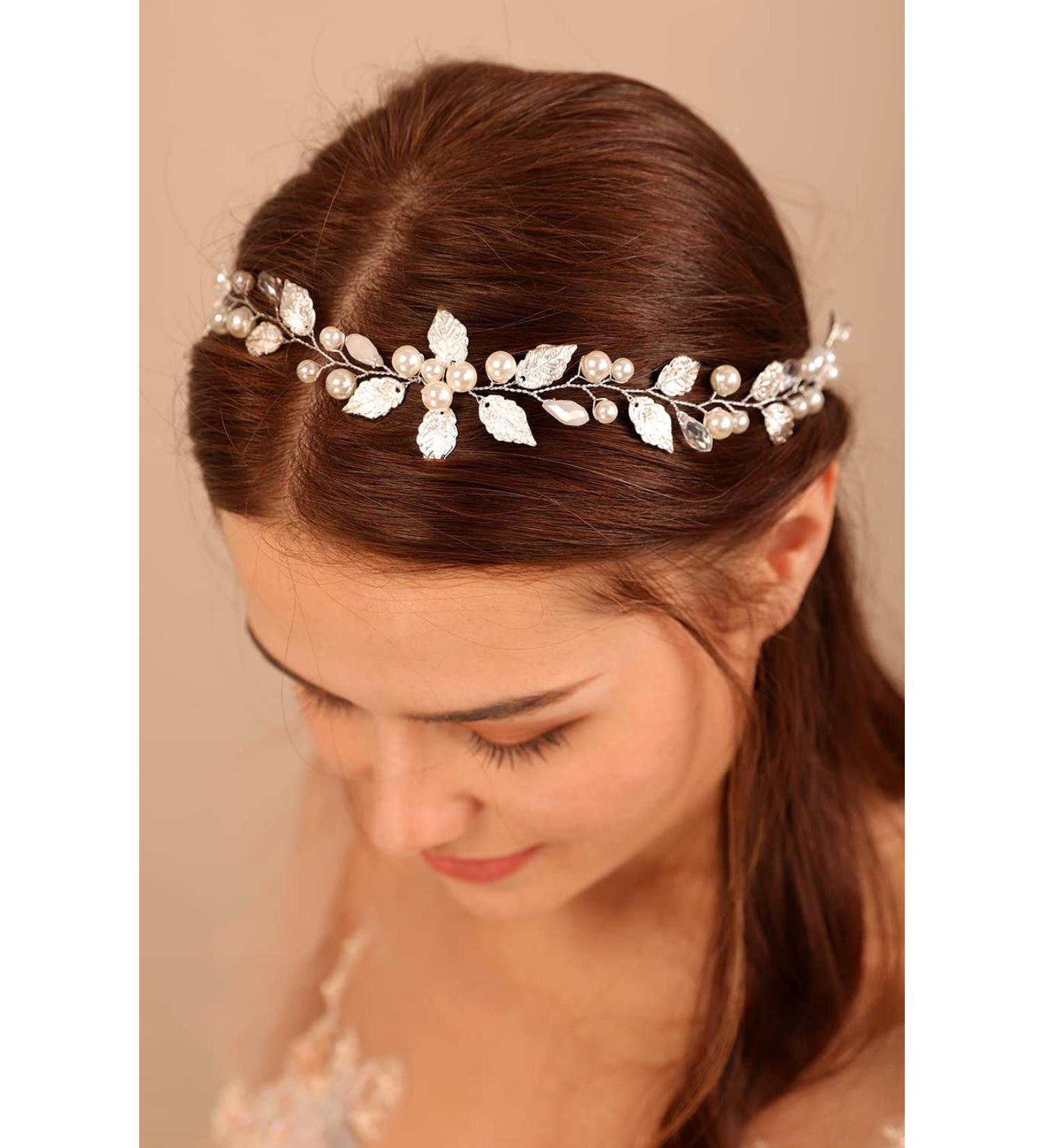 Deniferymakeup Leaf Bride Wedding Hair Vine Pearl Headpiece Bridal Headband Wedding Hair Accessory for Women and Girls (Silver) - Buy Online on GoSupps.com
