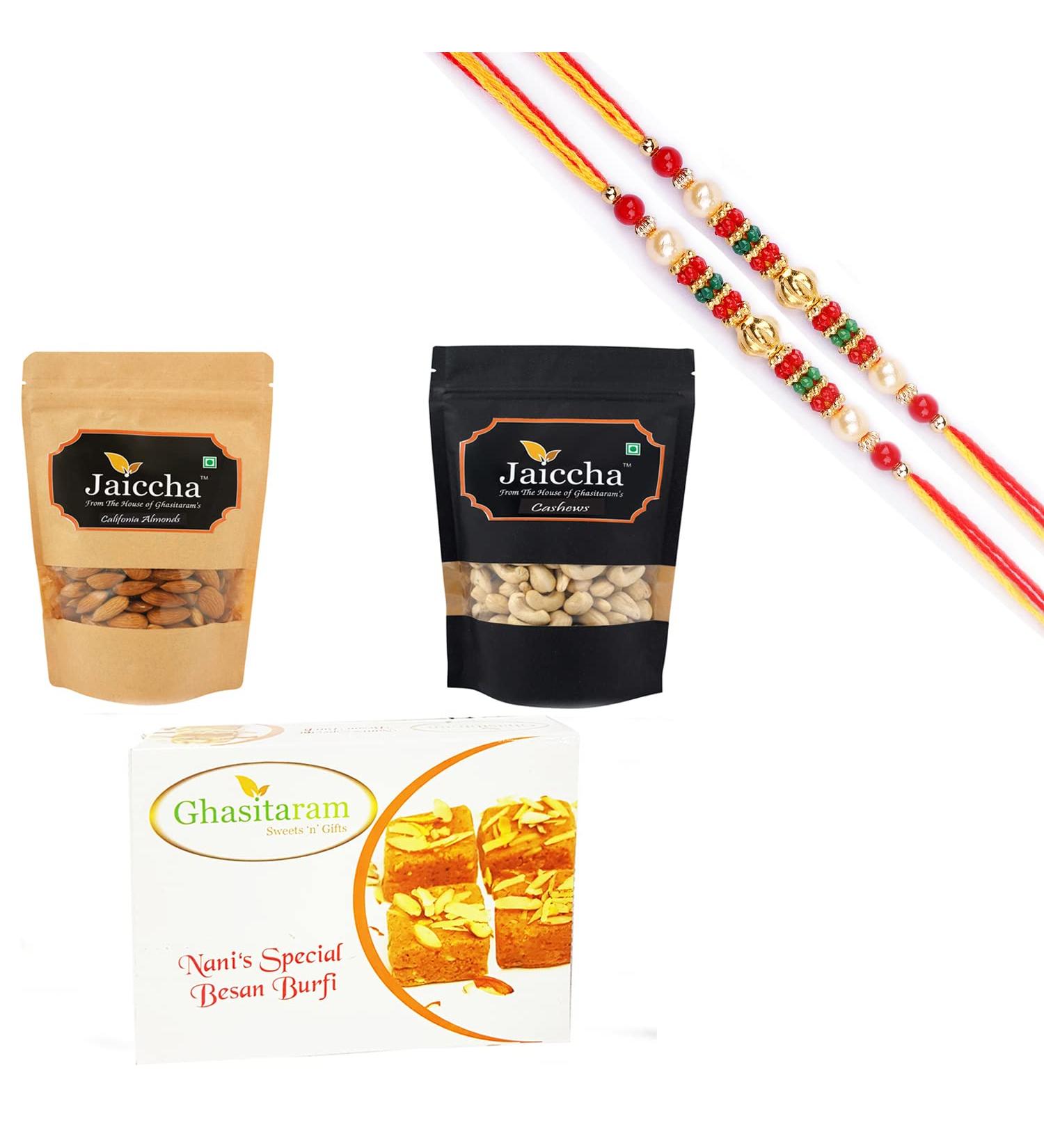 Ghasitaram Gifts Rakhi Gifts for Brothers Rakhi Sweets - Best of Almonds Cashews and Besan Barfi with 2 Pearl Beads Rakhis - Buy Online on GoSupps.com