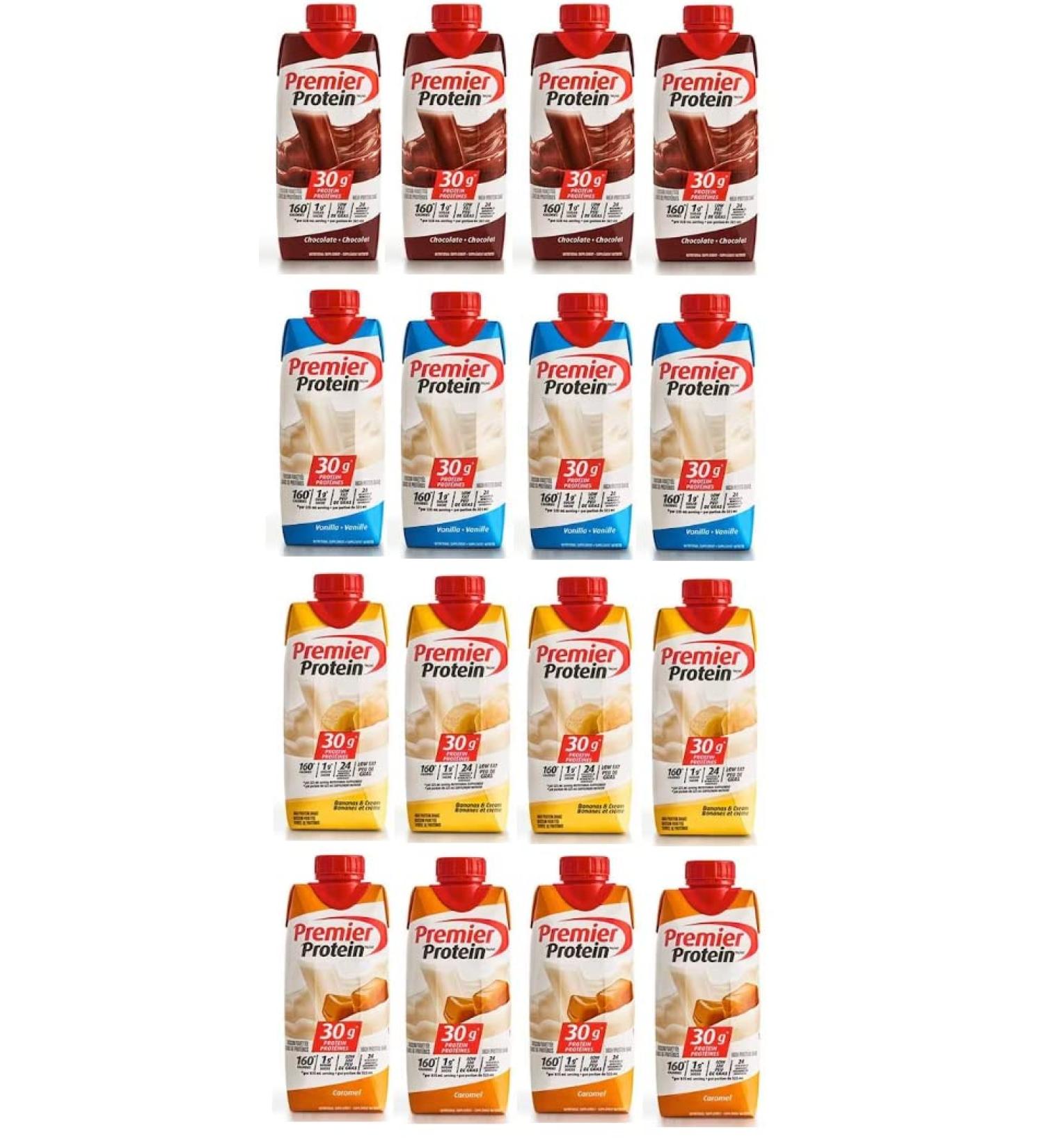 Snowbird Sweets 16 Pack Premier Protein Shakes Multipack - 5 Flavors (Chocolate Vanilla Banana Caramel) (16 Pack) 325 ml (Pack of 16)