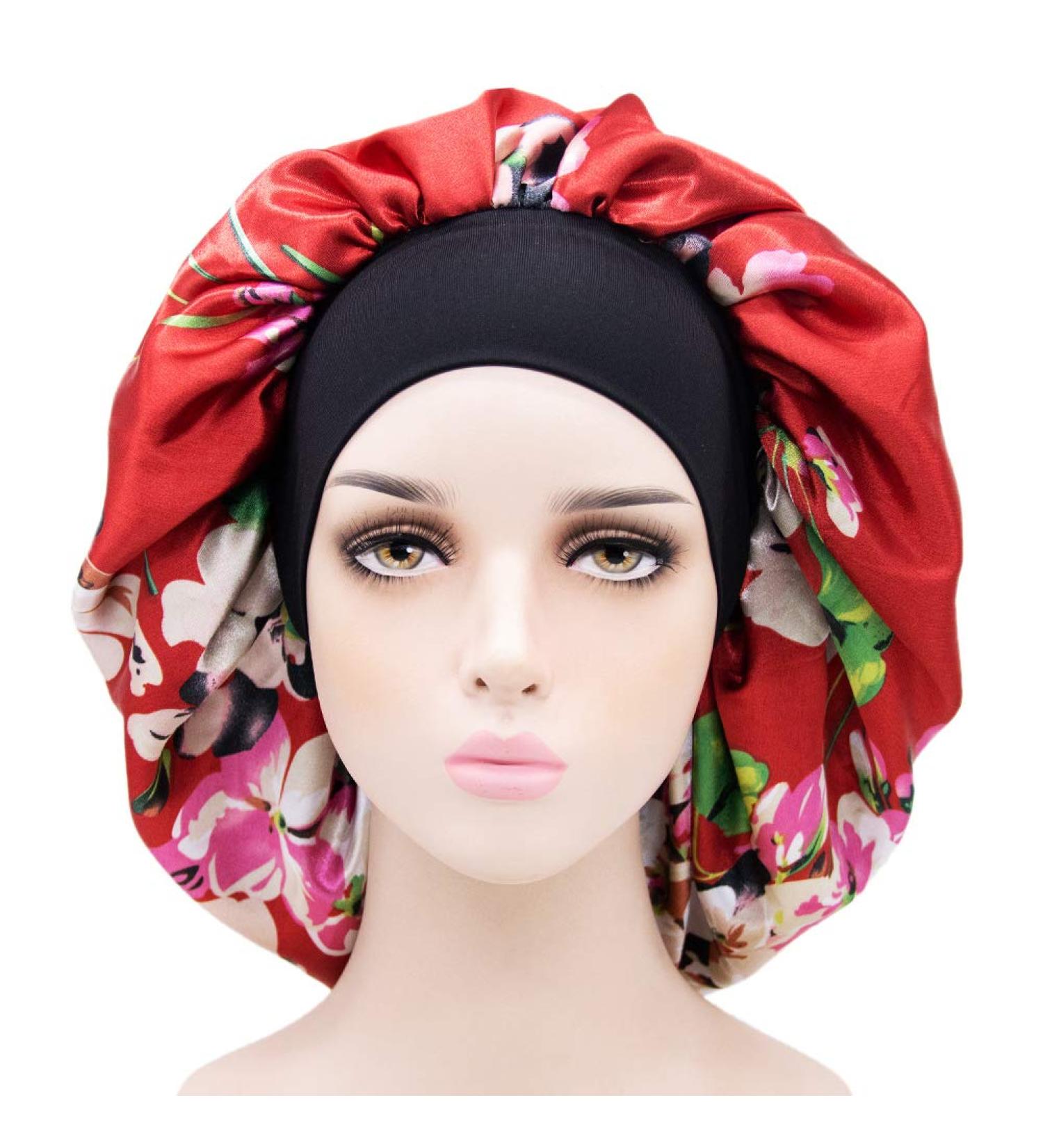 Wide Band Large Satin Bonnet Cap Bonnets for Women Silky Bonnet for Curly Hair Women Hair Wrap for Sleeping Double Layers (Red Flowers)