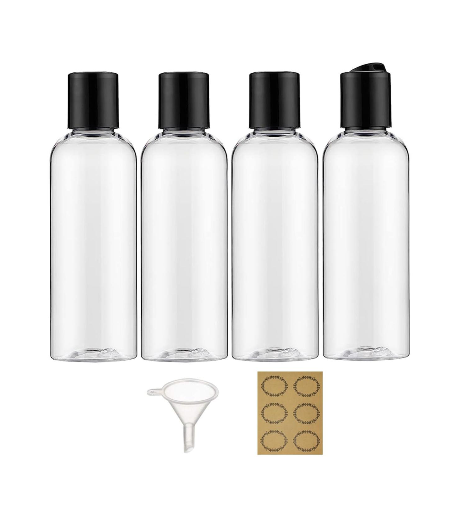 APSTAQEOO 4 x 150 ml Plastic Squeeze Bottles - Refillable Travel Containers with Funnel & Labels - Sliced Lids & Folding Lock - Perfect for Liquids - Buy Online on GoSupps.com