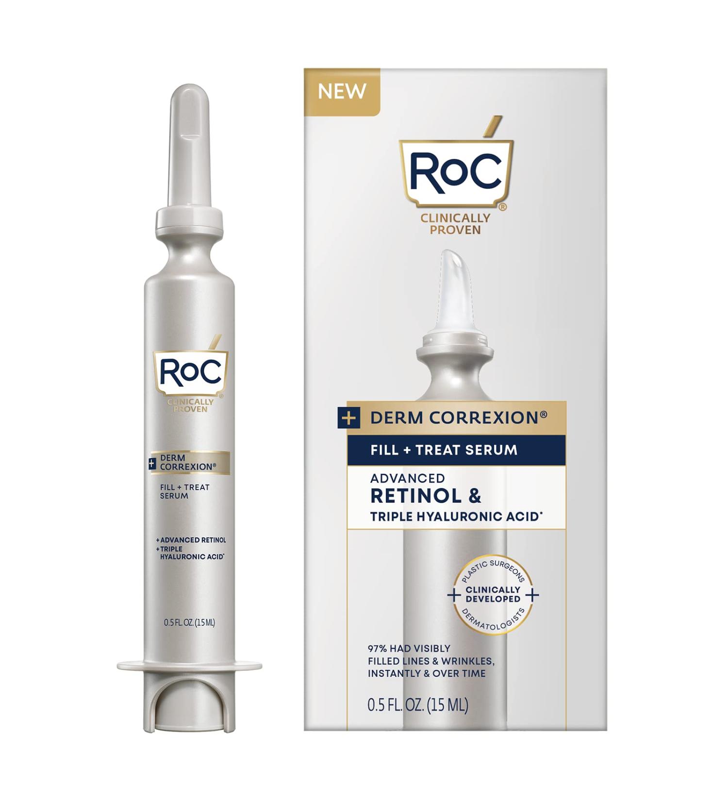 RoC Derm Correxion Fill + Treat Advanced Retinol Serum with Hyaluronic Acid for Forehead Wrinkles Crow's Feet Eleven Wrinkles and Laugh Lines Stocking Stuffer 15ml