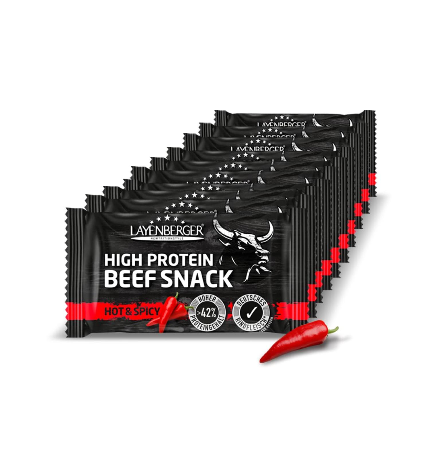Layenberger High Protein Beef Snack - Hot & Spicy German Beef Protein Snack Pack of 10 (10 x 35g) - Ideal for Healthy Snacking - Buy Online on GoSupps.com