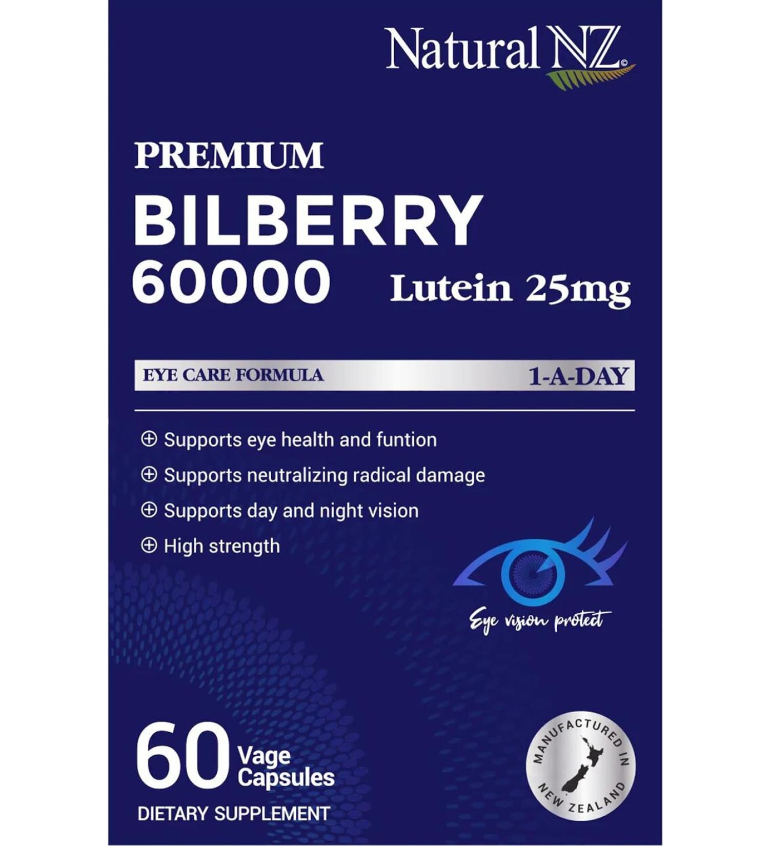Natural NZ Bilberry 60000 Lutein 25mg 60 Capsules (1) - Buy Online on GoSupps.com