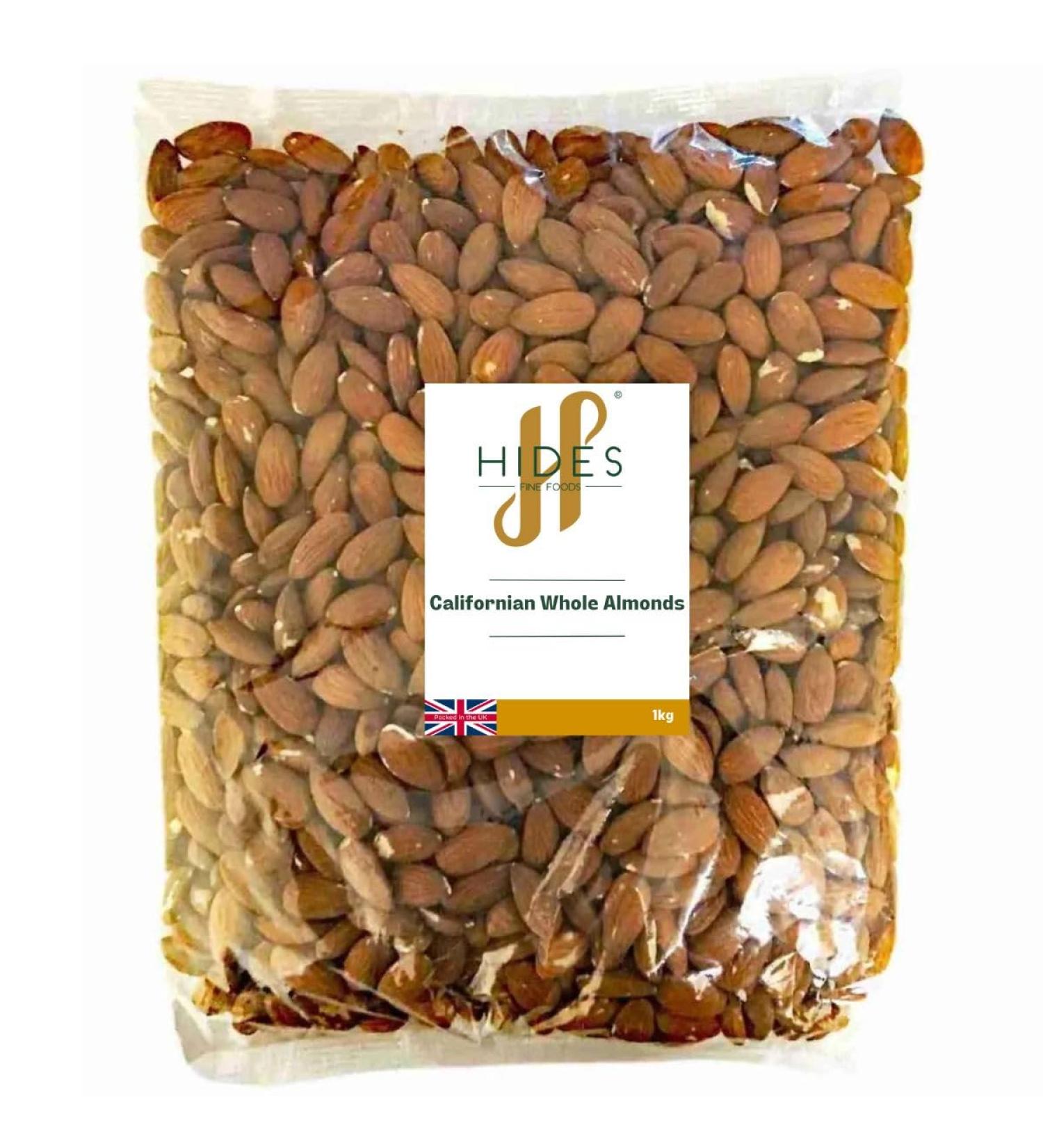 Hides Fine Foods - Californian Whole Almonds 1kg - GMO - Free - Suitable for Vegetarians - Cooking - Salads - Snacking - Desserts - Cakes - Cookies - Breakfast - Buy Online on GoSupps.com