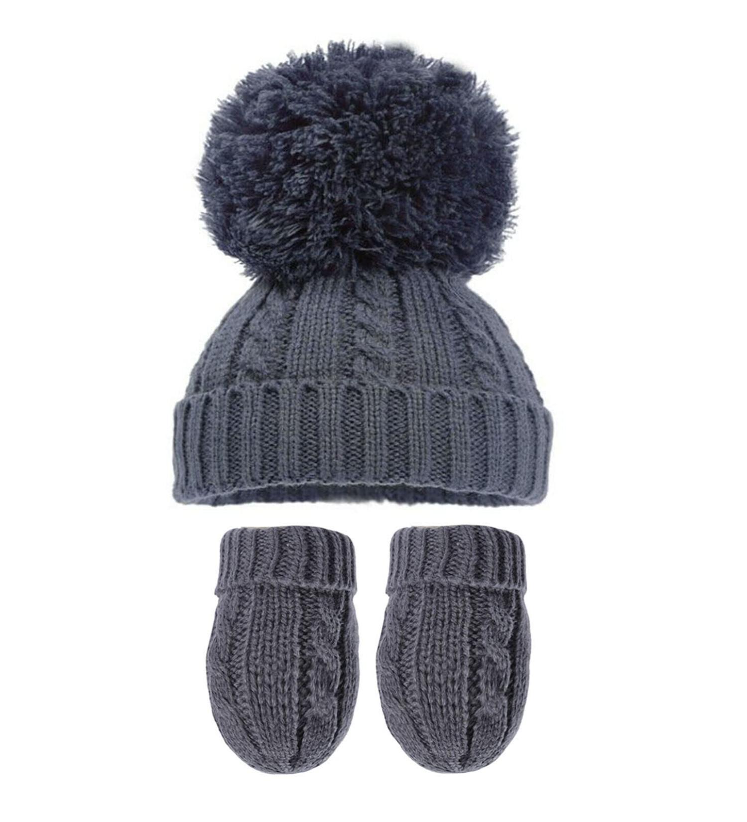 Royal Icon Baby Knitted Pom Pom Hat with Mittens Baby Boys Girls Winter Hat Mittens Set Cable Knit Single Pom Pom Bubble Hat Colours Available NB-12 Months RI6512 0-12 Months Steel Blue