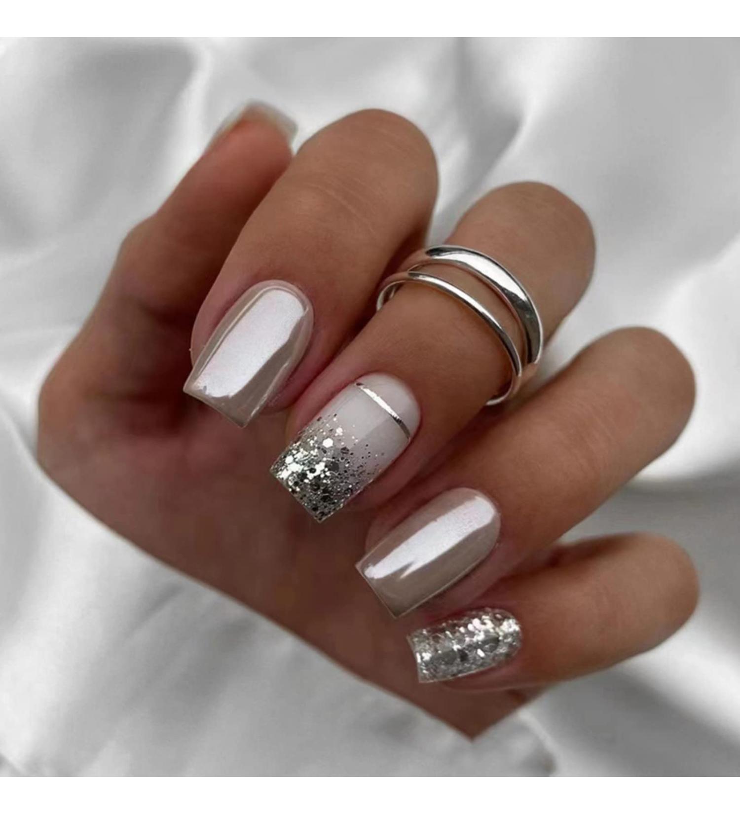 Justotry 24 Pcs Glitter Square False Nails - Medium Silvery French Press On Nails for Women | Short Squoval Fake Nails with Nail Glue - Nails Art Silvery&Glitter - Buy Online on GoSupps.com