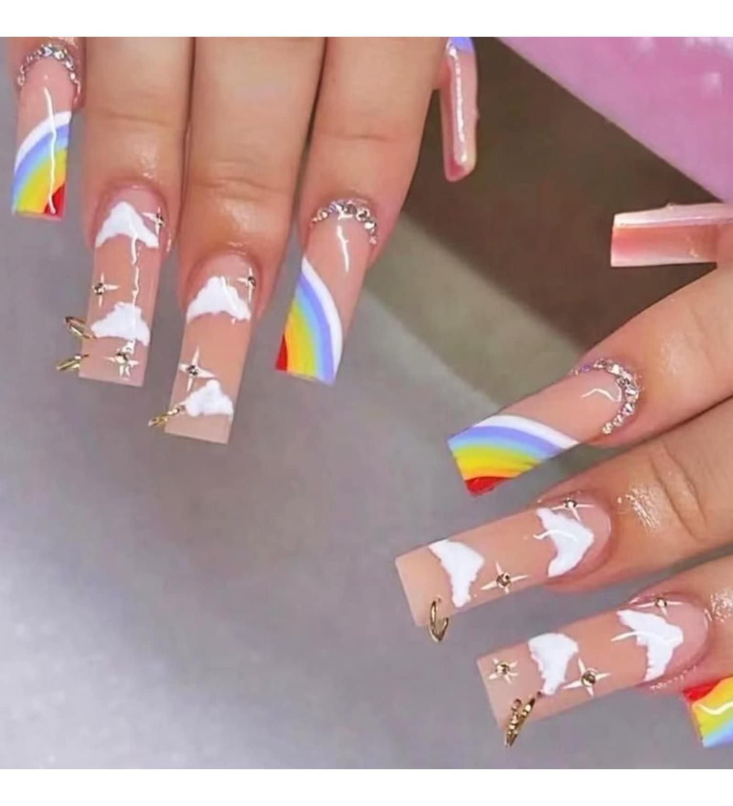 RUNRAYAY Rainbow French Long Fake Nail Press on False Nails with Charms - 24Pcs - Buy Online on GoSupps.com
