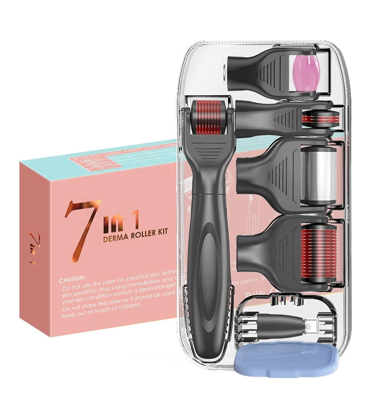 Bowka 7-in-1 Derma Roller Kit | JadoCholer Ice Scooter | Microneedles for Skin Rejuvenation Anti-Wrinkle Beard Growth & Hair Loss - Black - Buy Online on GoSupps.com