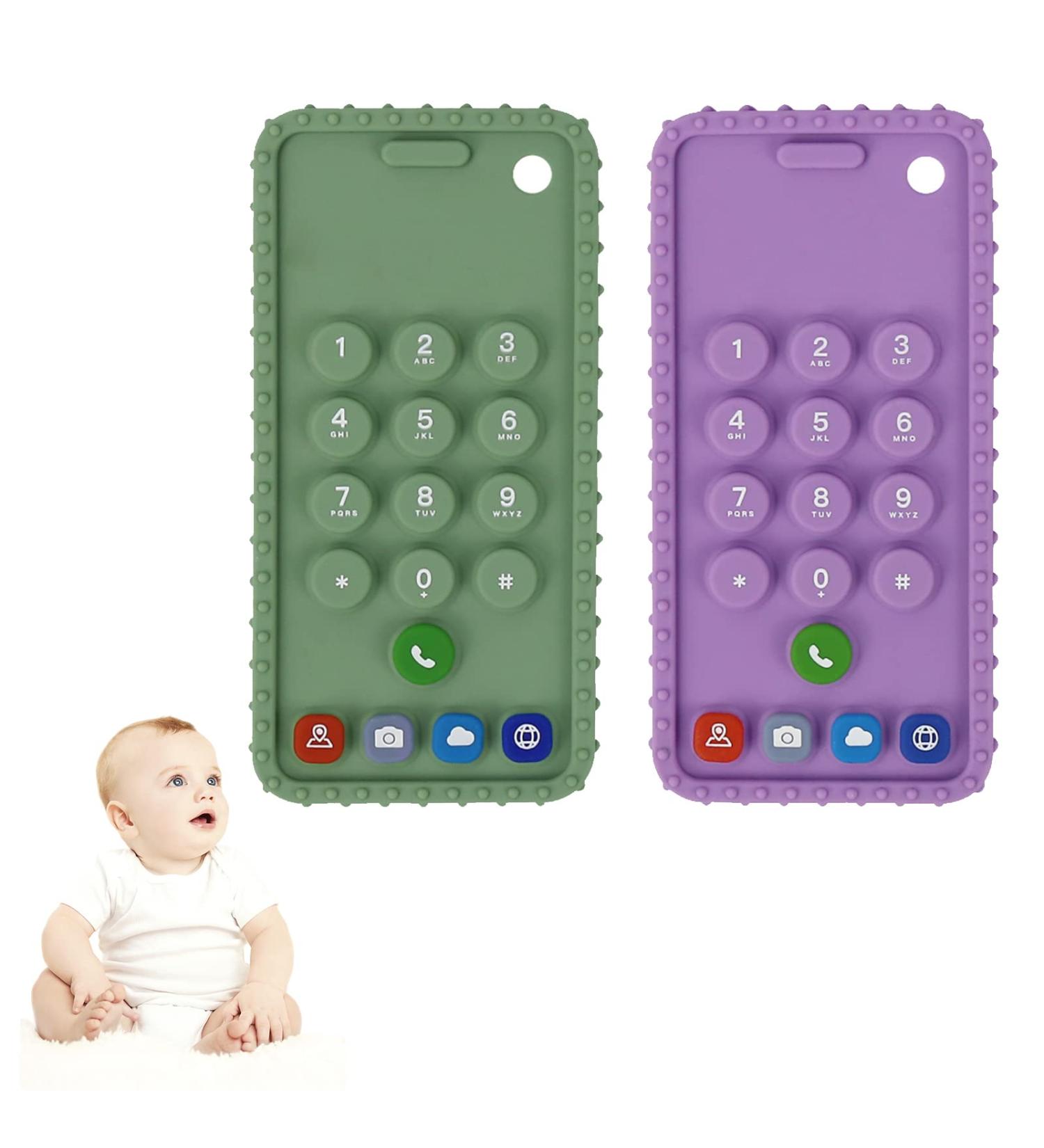 2-Pack Silicone Baby Teething Toys | BPA-Free Mobile Phone Teether for Babies 6-12 Months | Soft-Textured Chew Toys | Purple+Green - Buy Online on GoSupps.com