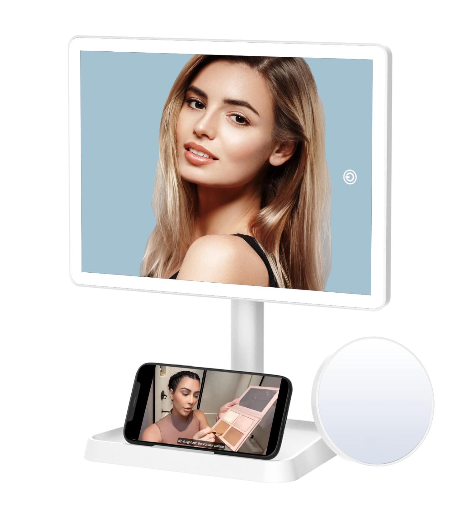 Rechargeable Lighted Makeup Mirror with 96 LED Lights, 10X Magnification, Phone Holder, and 3 Color Lighting | Sensor Touch Dimmable, 360 Rotation - White - Buy Online on GoSupps.com