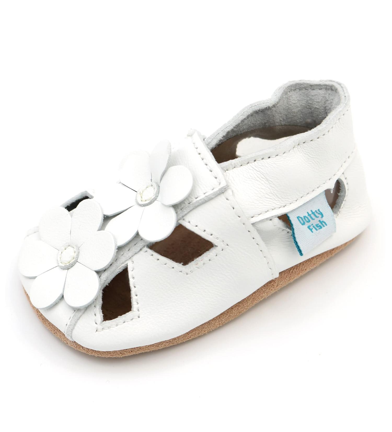 Dotty Fish Soft Leather Baby Shoes | Toddler Sandals | Non-slip Suede Soles | White Flowers | 0-6 Months to 3-4 Years - Buy Online on GoSupps.com