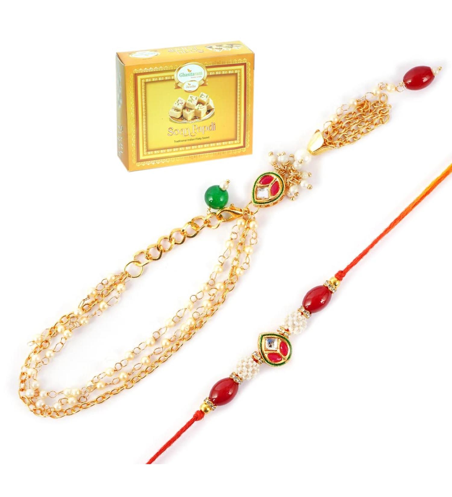 Ghasitaram Gifts Rakhis Online - Rakhi for Brother-MJ-3 Bhaiya Bhabhi Rakhi with 400 GMS of Soan Papdi Rakhi Set with 400 gms of Soan Papdi - Buy Online on GoSupps.com