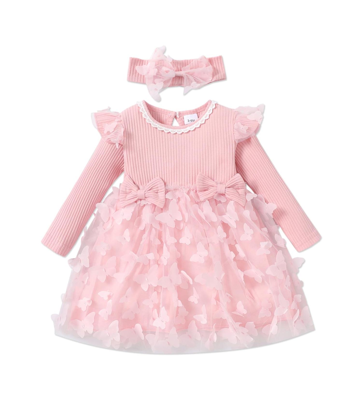 PatPat Baby Girl Long Sleeve Tutu Dress | Infant Tulle Flower Girl Dress | Christmas Party Princess Dress 6-9 Months Light Pink - Buy Online on GoSupps.com