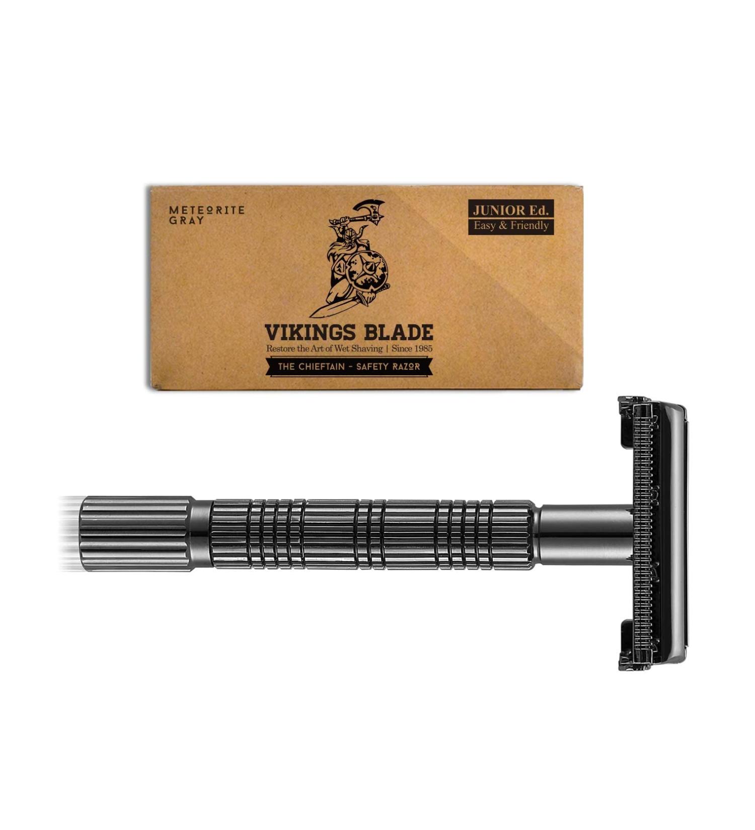 VIKINGS BLADE Chieftain JR Double Edge Safety Razor - Butterfly Twist-to-Open, Eco-Friendly, Smooth Shaving for Beginners - Meteorite Gray - Buy Online on GoSupps.com