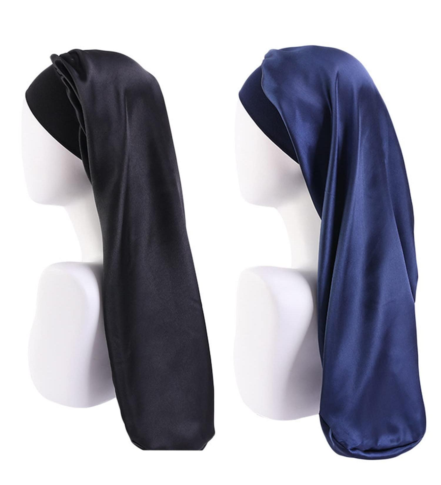 Shop Ladaypoa Long Satin Sleeping Cap - 2 Piece Large Sleeping Hats for Women | Extra Large Soft & Convenient Black + Dark Blue - Buy Online on GoSupps.com
