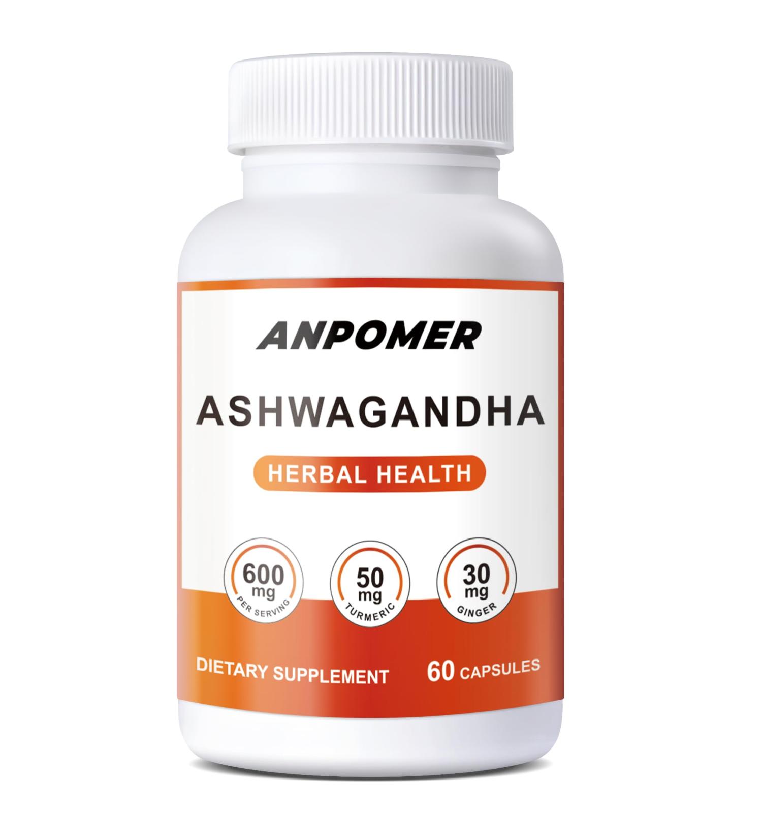 ANPOMER Ashwagandha Root Supplement 600mg Organic Ashwagandha with Turmeric Ginger & Black Pepper - Daily Herbal Support for Balance & Vitality - 60 Capsules