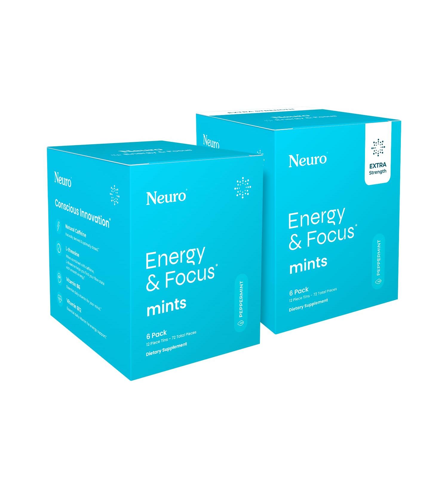 Neuro Energy & Focus Mints Bundle Original (72 Count 6 Pack) + Extra Strength (72 Count) Peppermint Flavor Sugar Free Nootropic Cognitive Supplement with Natural Caffeine L Theanine & B12/B6 - Buy Online on GoSupps.com