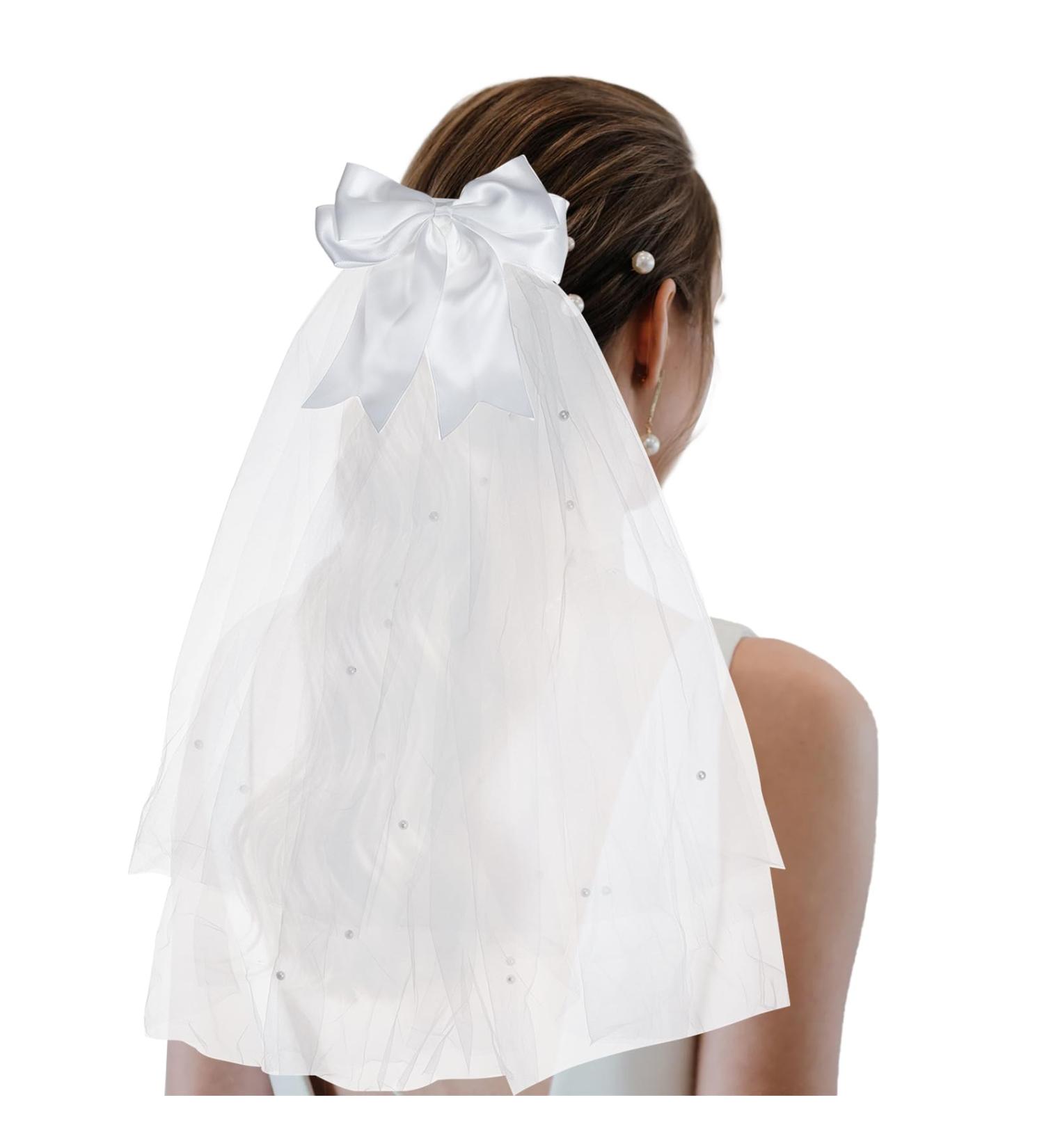 NICENEEDED Wedding Lace Hair Bows Tulle Hair Ribbons with Bow and Pearl Design White Hair Alligator with Metal Clip for Wedding Prom Party Bachelorette Party Bridal Shower - Buy Online on GoSupps.com