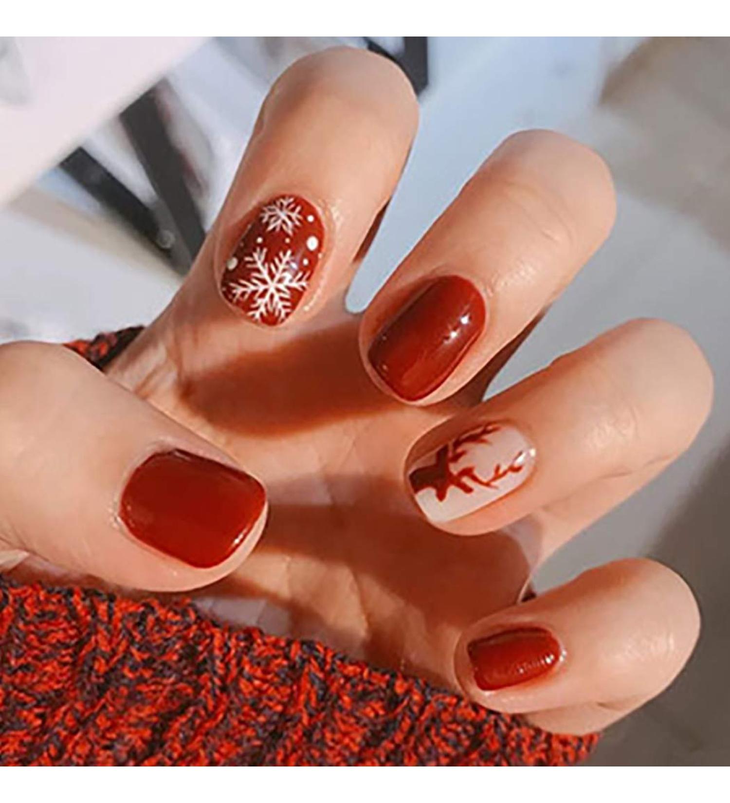 Brishow Christmas Press-On Nails - Snow Moose Red 24-Piece Set | Short Fake Nails for Women & Girls - Buy Online on GoSupps.com