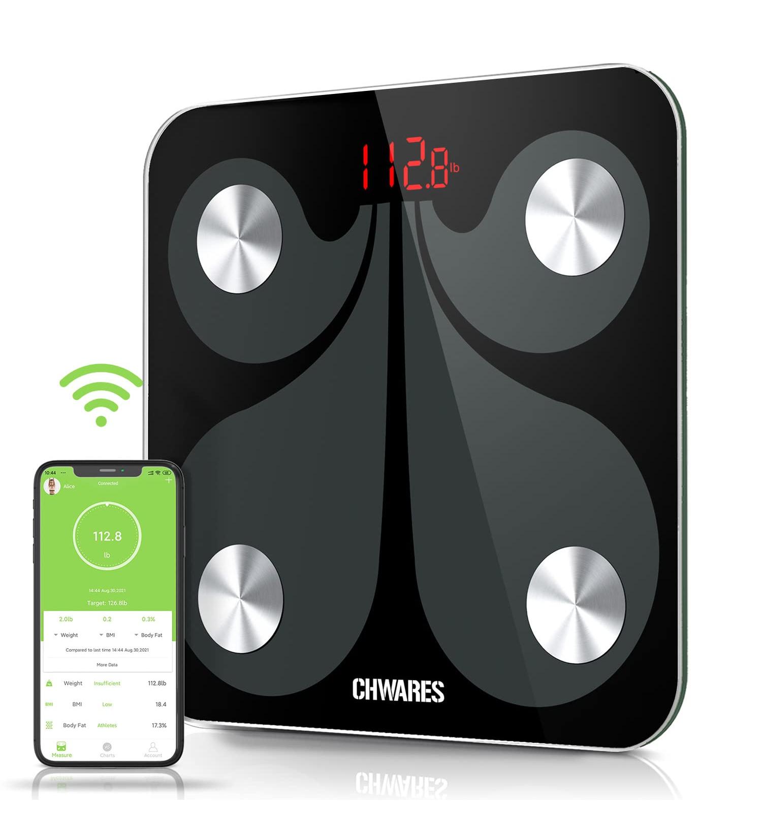 CHWARES USB Rechargeable Body Fat Scale with Bluetooth - Smart BMI Scale for Body Weight and 13 Body Data - 400lbs Capacity - Black Medium - Buy Online on GoSupps.com