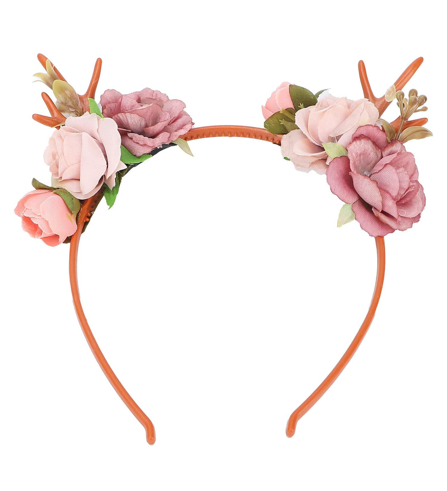 Flower Headband Fashionable Flower Reindeer Antlers Headband Floral Garland Crown for Party Cosplay Wedding Christmas(Dark pink) - Buy Online on GoSupps.com