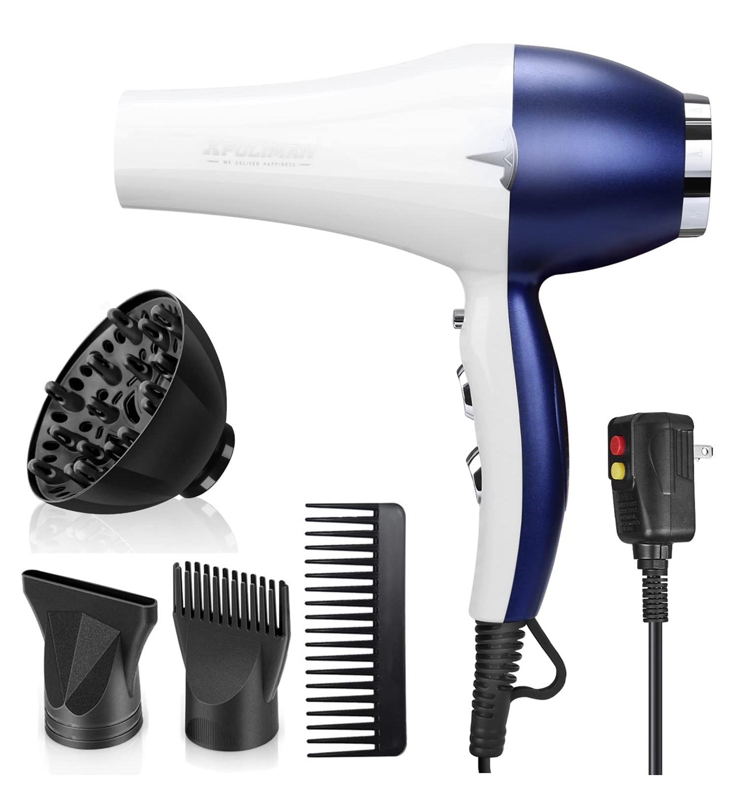 Professional Salon Hair Dryer 2000W with Negative Ionic Technology | Fast Drying, Low Noise | Includes Diffuser, Concentrator & Styling Pik | 2 Speed, 3 Heat Settings | AC Motor | WhiteBlue - Buy Online on GoSupps.com