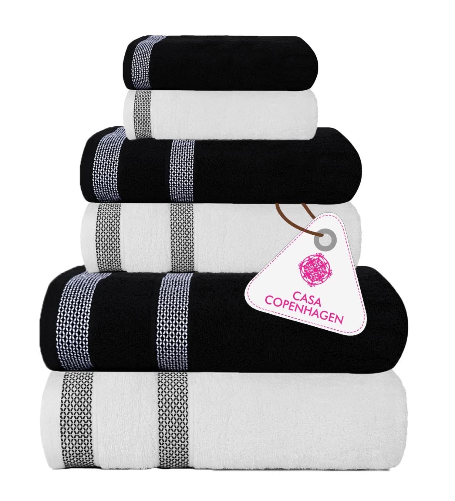 CASA COPENHAGEN Solitaire 600 GSM 6-Piece Towel Set - Super Soft Egyptian Cotton - White + Black - Buy Online on GoSupps.com