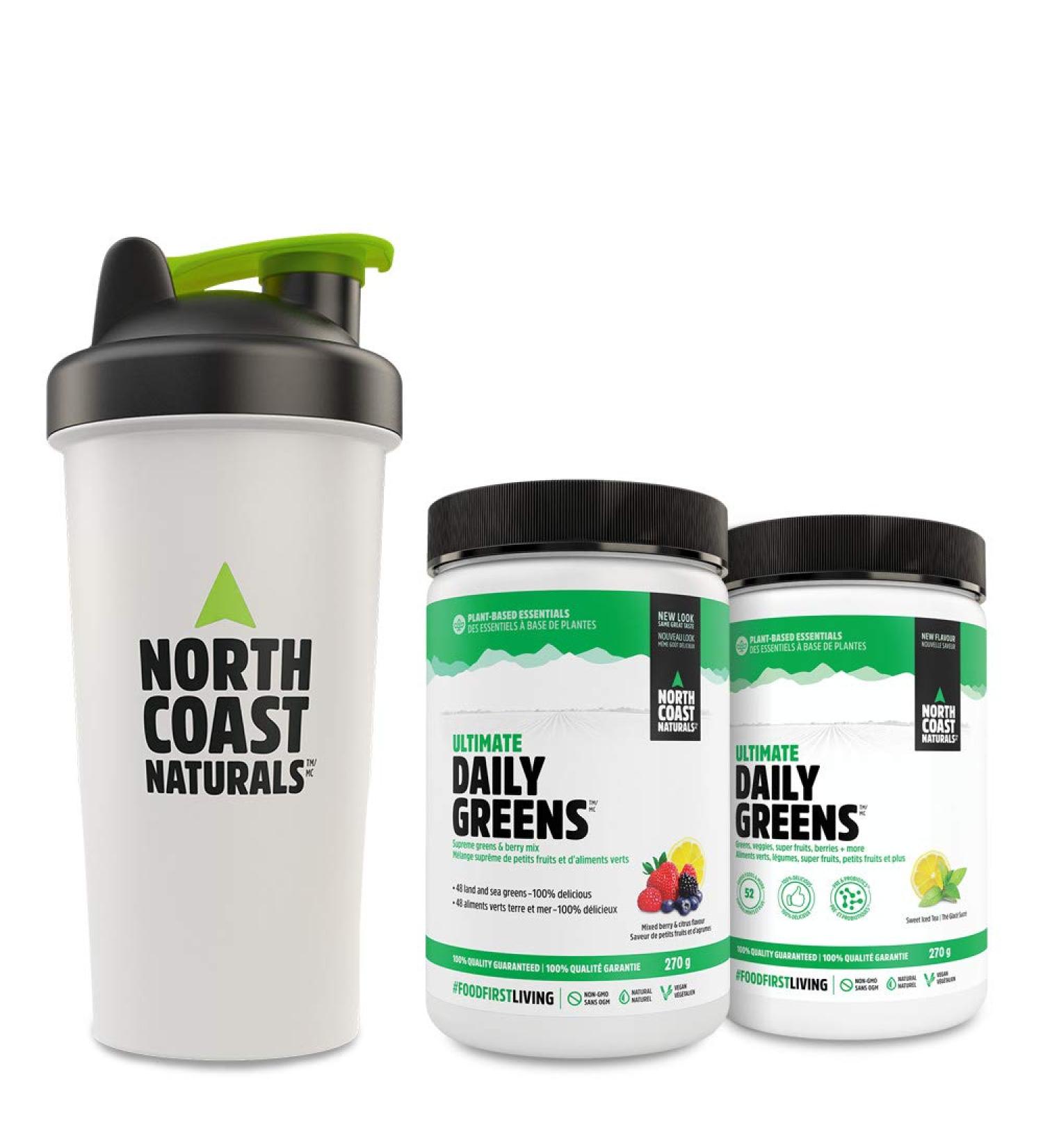 North Coast Naturals Ultimate Daily Greens | Superfood blend of superfruits land and sea greens with the addition of pre- and probiotic- 800 ml shaker cup- 2 x 270 g - Mixed Berry & Citrus + Sweet Iced Tea - Buy Online on GoSupps.com