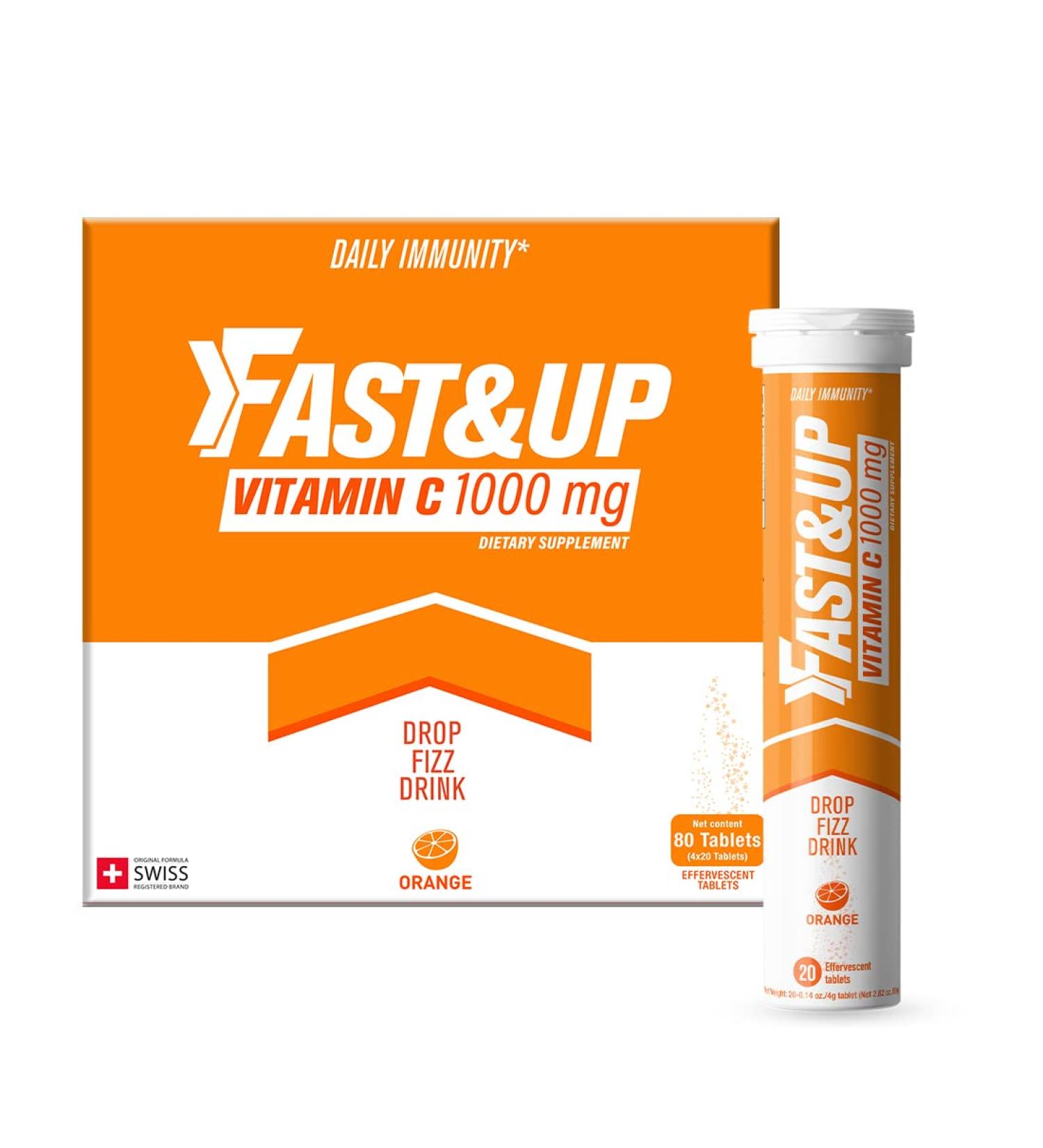 FAST&UP Vitamin C 1000mg - Powerful Antioxidant - Immune Support - Collagen Booster - 80 Effervescent Tablets - Orange Flavour - Pack of 1 - Buy Online on GoSupps.com