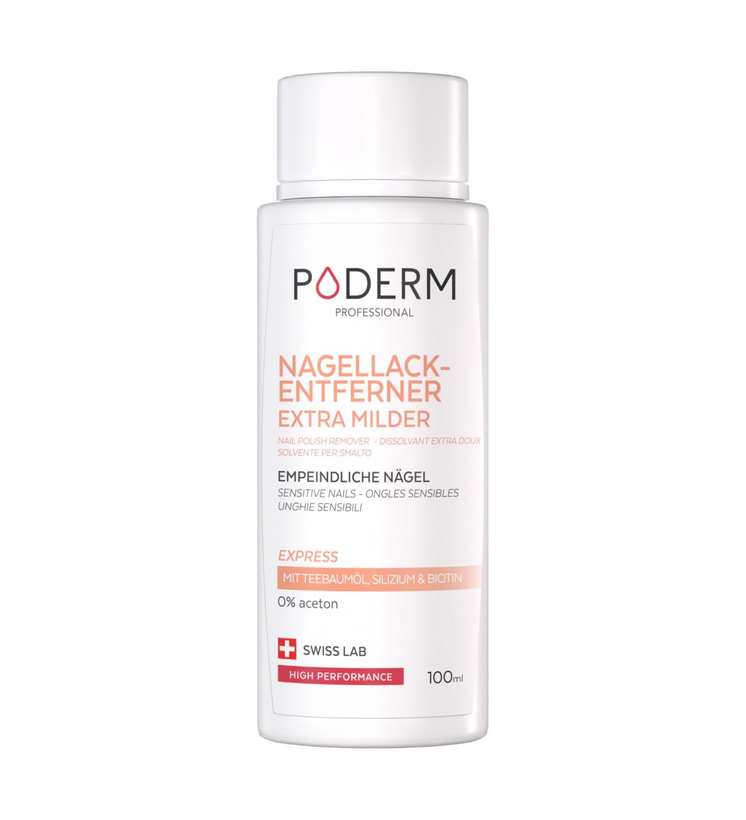 Poderm Extra Gentle Nail Polish Remover with Tea Tree - Acetone-Free Strengthening & Nourishing for Sensitive Nails - 100 ml | Swiss Lab - Buy Online on GoSupps.com