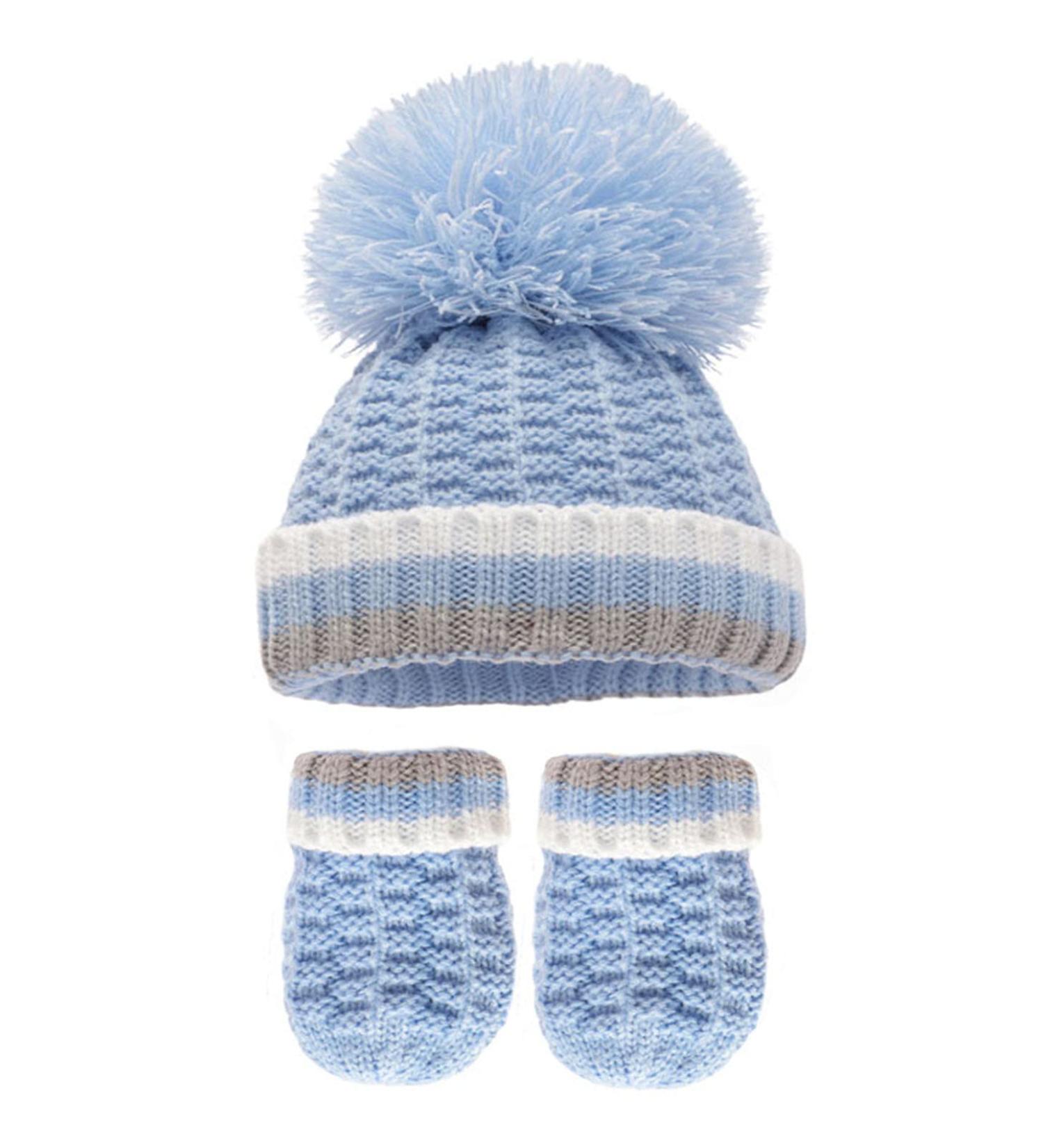 Royal Icon Baby Knitted Pom Pom Hat with Mittens Baby Boys Girls Winter Hat Mittens Set Cable Knit Single Pom Pom Bubble Hat Colours Available NB-12 Months RI6512 0-12 Months Blue/Grey - Ri648