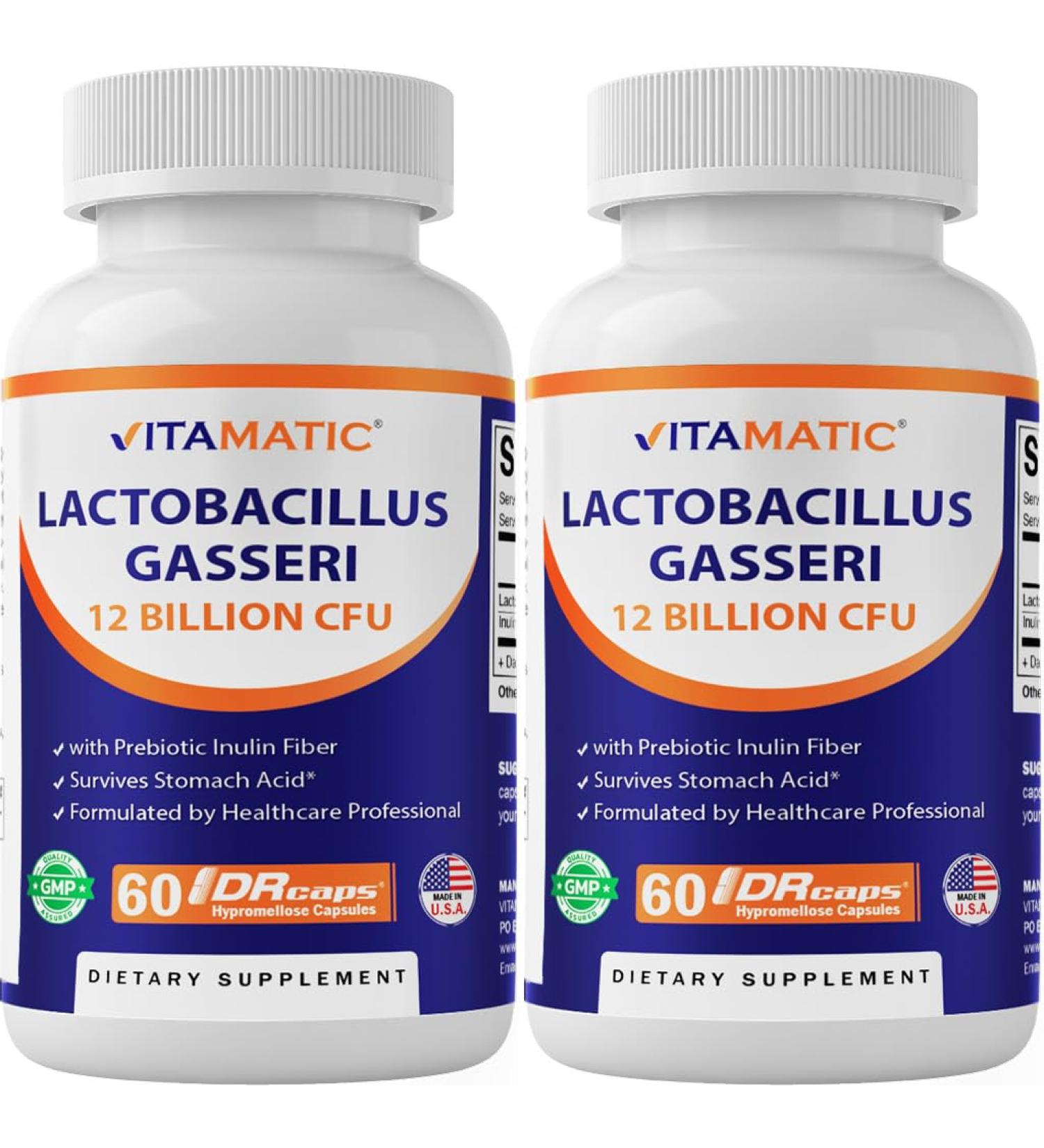 Vitamatic Lactobacillus Gasseri - 12 Billion per DR Capsule - 60 Count - Digestive Support - Made with Prebiotic Inulin Fiber- 2 Pack - Buy Online on GoSupps.com