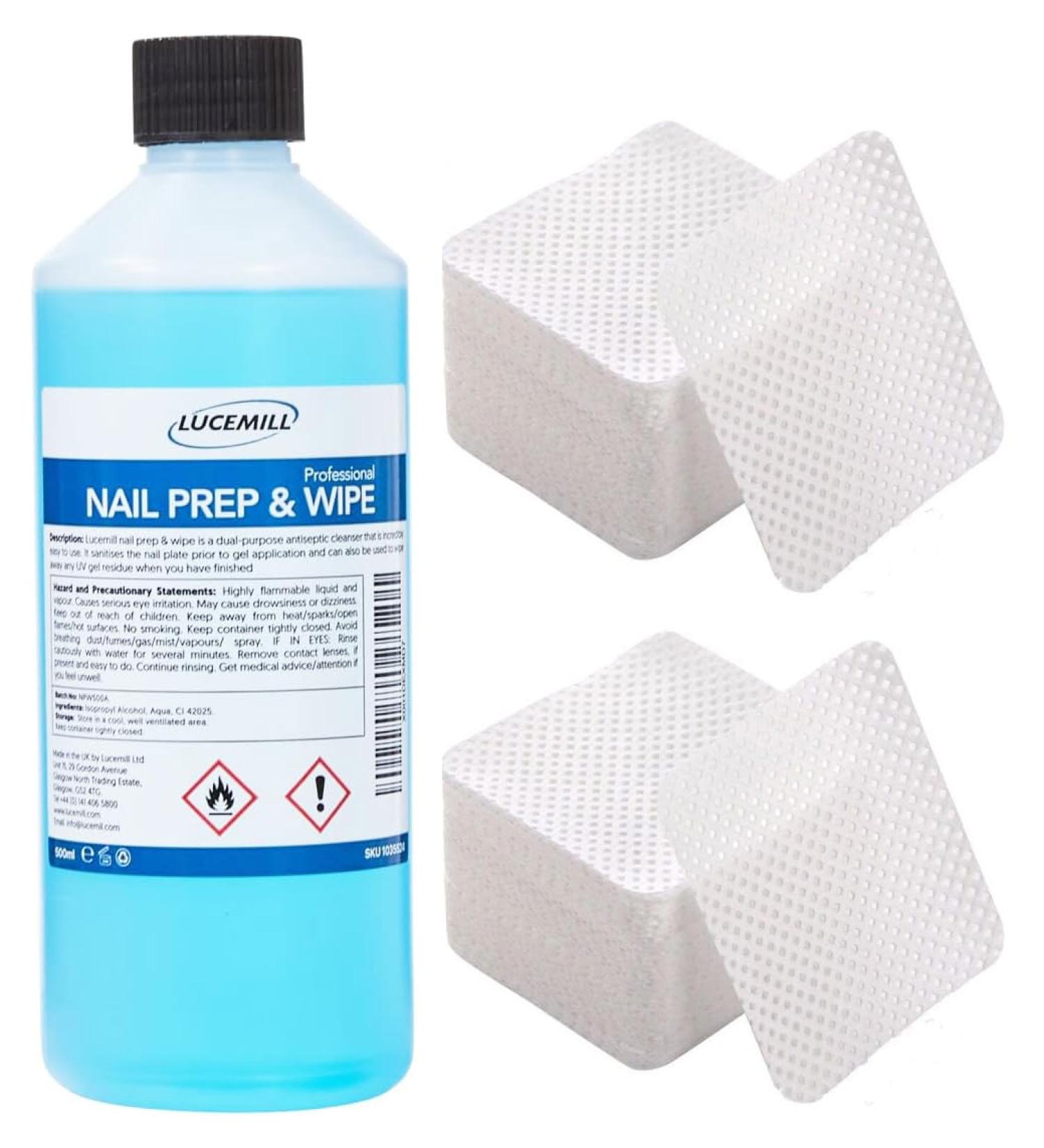 Lucemill Nail Prep & Wipe Gel Nail Polish Cleanser I 500ml | Professional Formula for Gel Nails Acrylics & Nail Tips | Alcohol for Nails & Gel Wipe Off Solution I Comes with 200 Lint Wipes - Buy Online on GoSupps.com