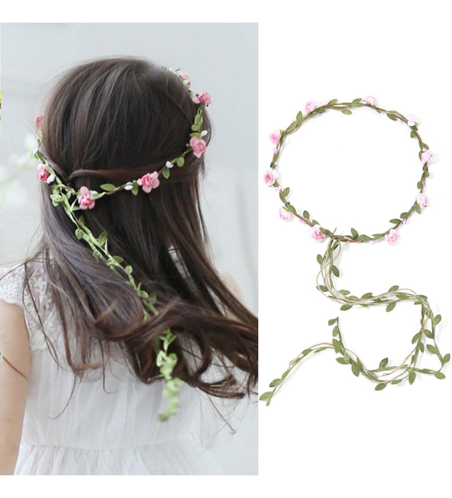BARTOSI Boho Floral Headband - Handmade Flower Crown for Bride Wedding, Pink Hair Wreath with Ribbon - Adjustable Hair Accessories for Women and Girls - Buy Online on GoSupps.com