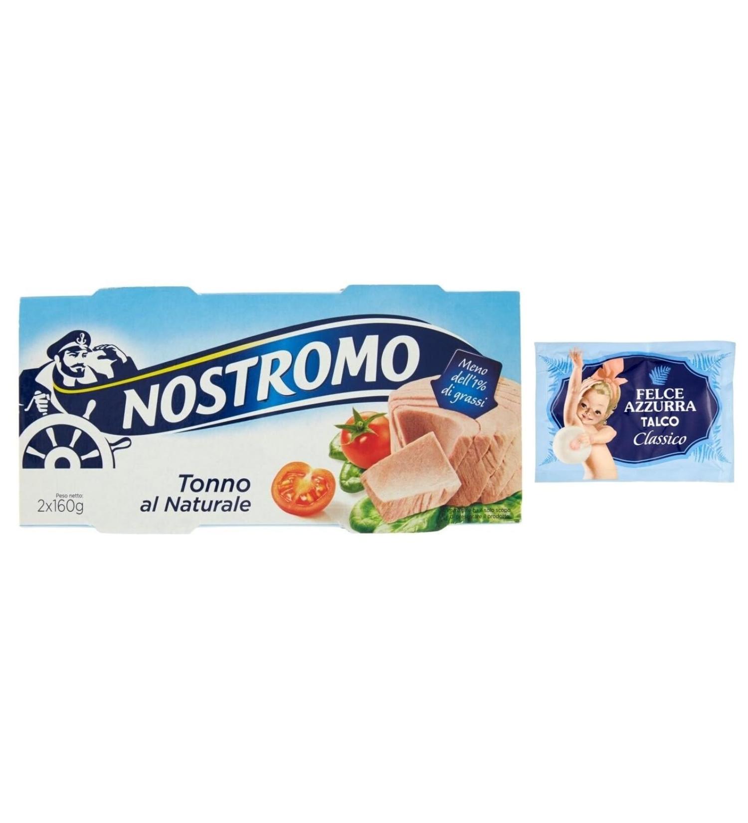 Nostromo Tonno al Naturale Lot of 10 cans of natural tuna 2 cans of 160 g + 1 bag of talc Felce Azzurra 100 g - Buy Online on GoSupps.com