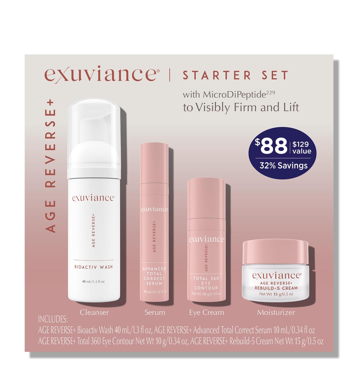 EXUVIANCE AGE REVERSE+ Anti Aging Skin Care Set - Mini Starter Kit Includes: Exfoliating Face Wash Anti-Wrinkle Serum Brightening Eye Contour Firming Face Cream for Wrinkles and Fine Lines - 4 ct - Buy Online on GoSupps.com